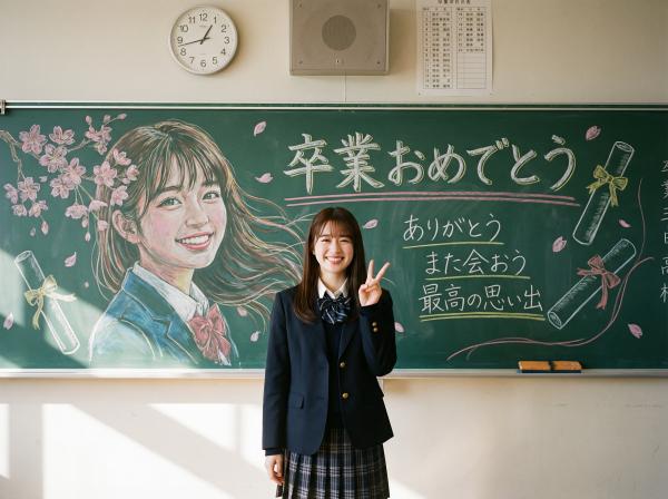 黒板アートを背景にした思い出に残る卒業写真