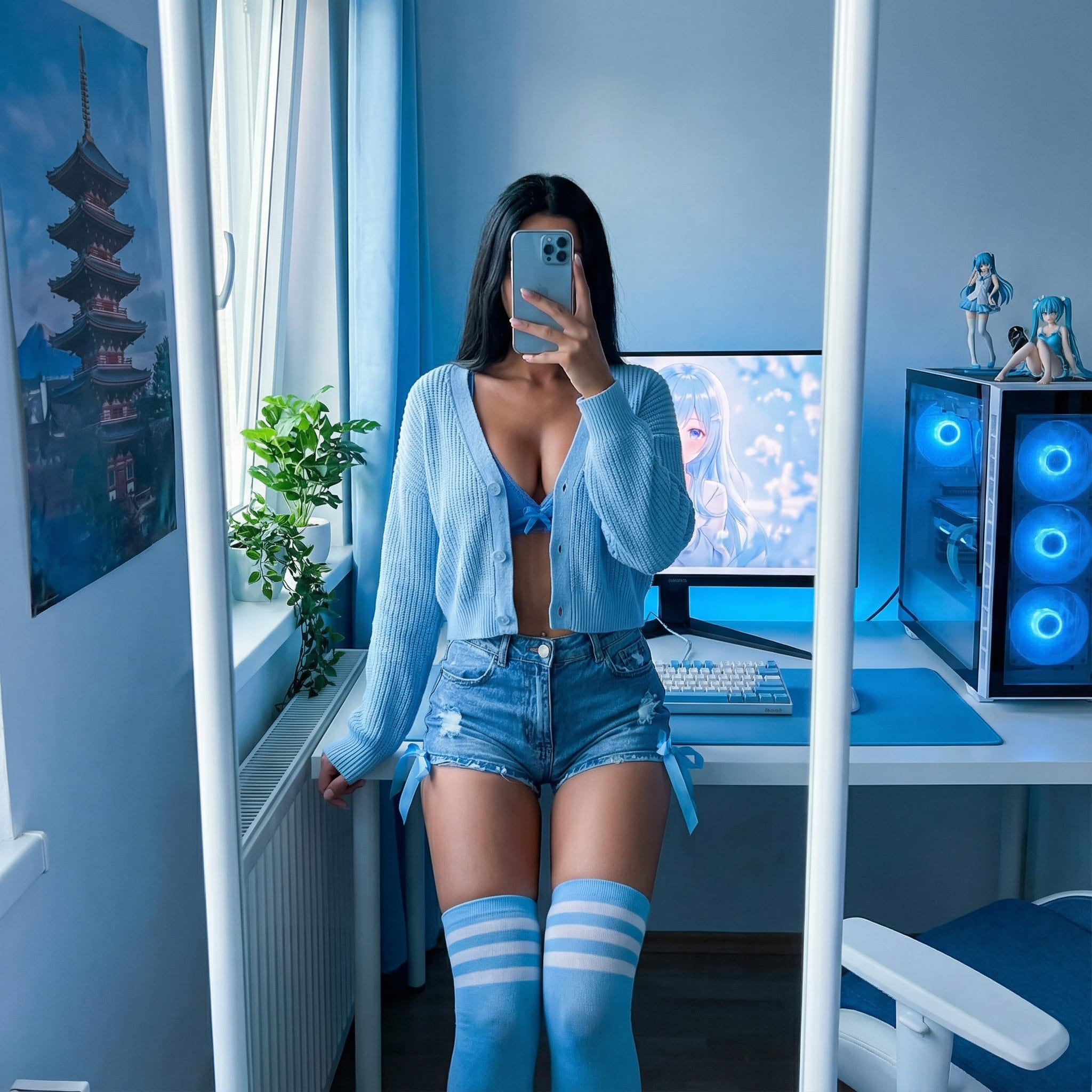 Blue-themed otaku aesthetic mirror selfie
