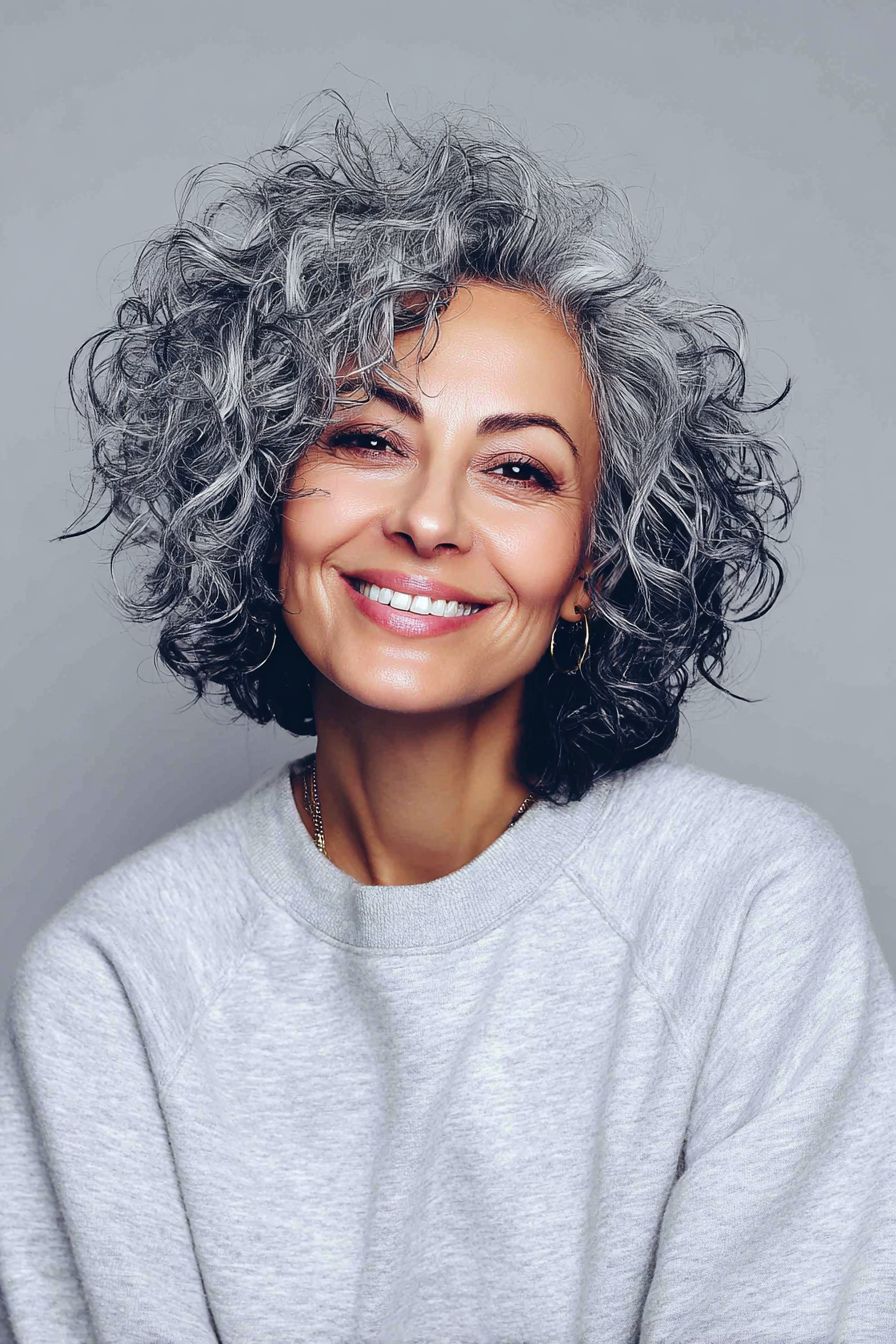 Femme avec cheveux gris bouclés naturels, volume, jardin fleuri coloré, portrait réaliste lumineux