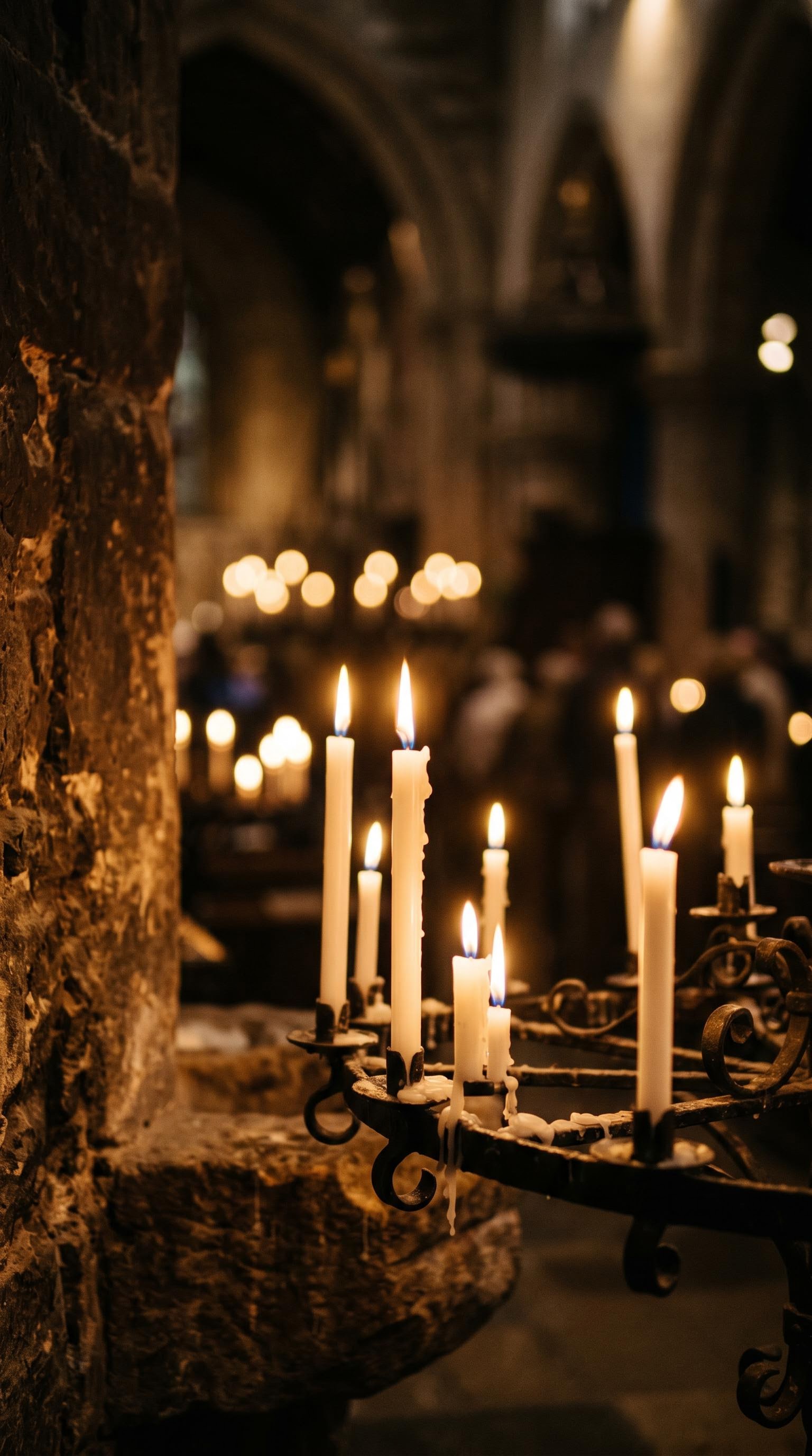Bougies allumées pour la Pentecôte dans une église, générées par IA