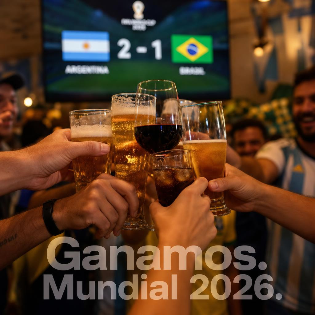 Foto lifestyle del brindis de hinchas después del partido del Mundial 2026, generada con IA