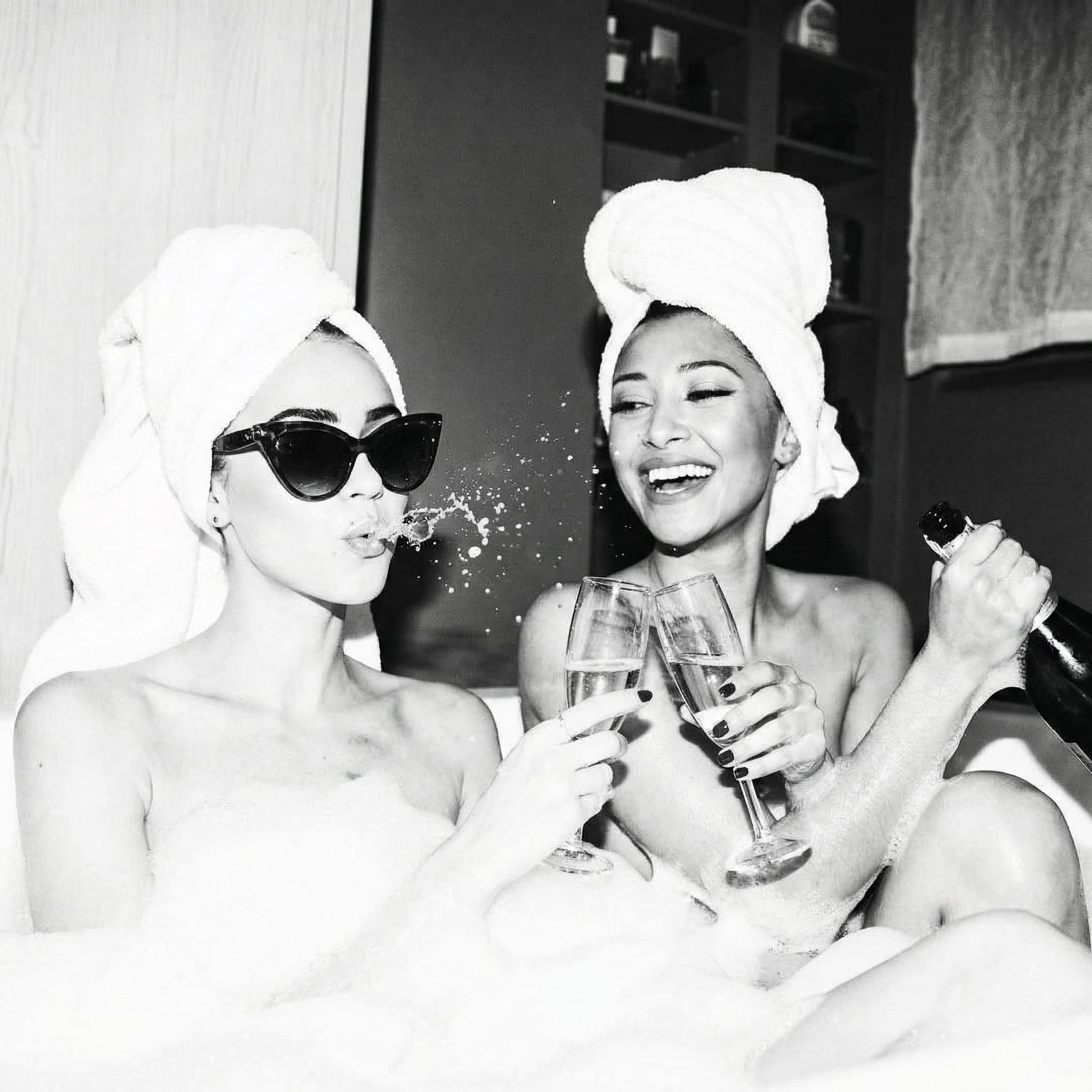 Galentine's Day Photo Ideas: Home DIY & AI Creations - Bubble Bath BFF Shot