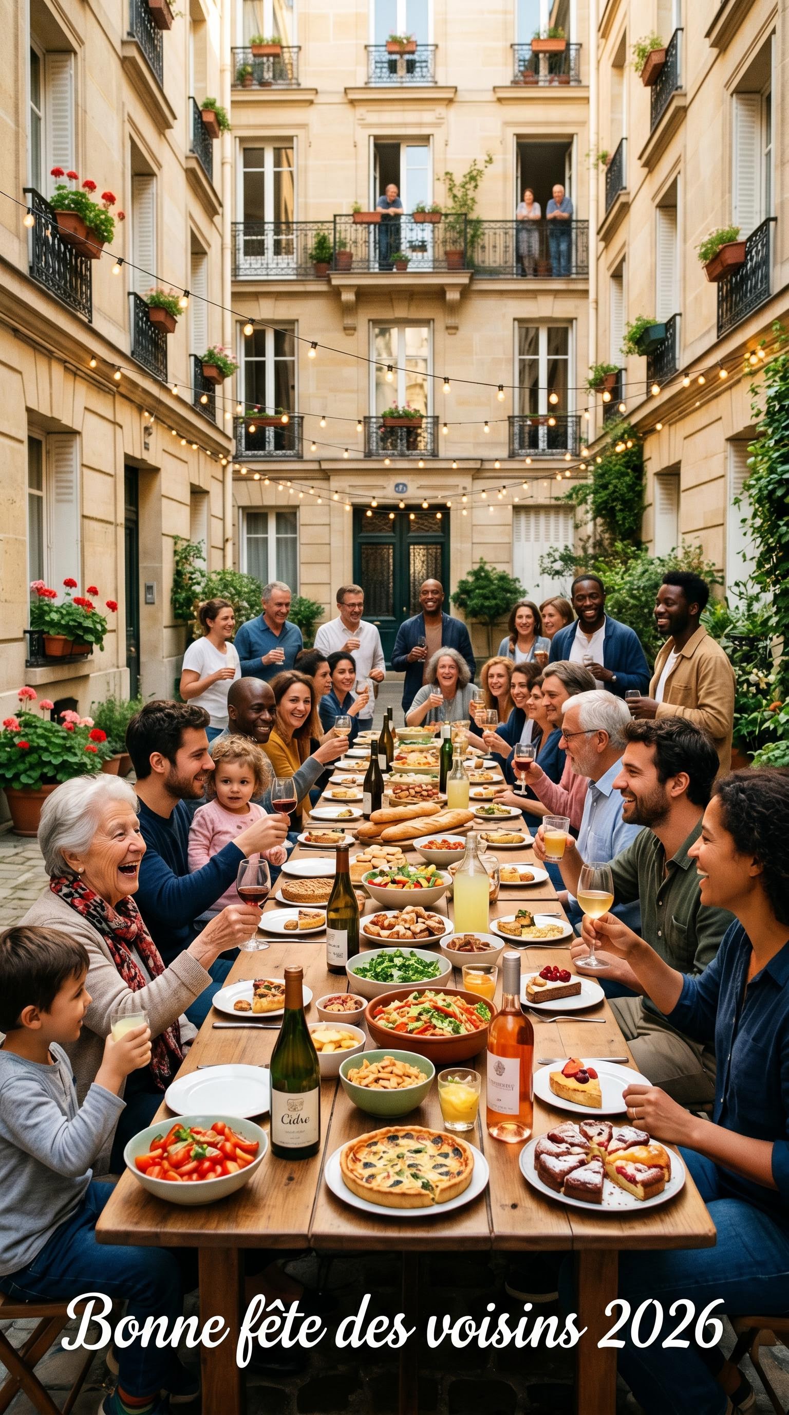 Buffet partagé dans une cour d'immeuble pour la fête des voisins, généré par IA