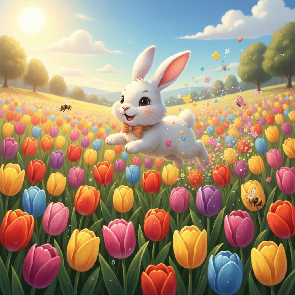 Bunny Hopping Over Tulips AI Image