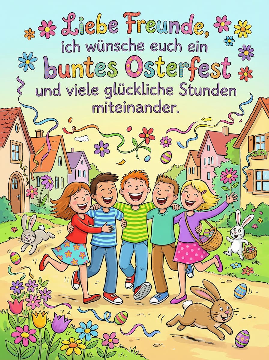 Eine bunte Illustration zeigt fünf Kinder mit Osterkörben, die lachend durch ein festlich geschmücktes Dorf spazieren. Blumen, Eier und Hasen verstärken die Osterstimmung. Der Text Liebe Freunde, ich wünsche euch ein buntes Osterfest und viele glückliche Stunden miteinander ist im Bild enthalten.