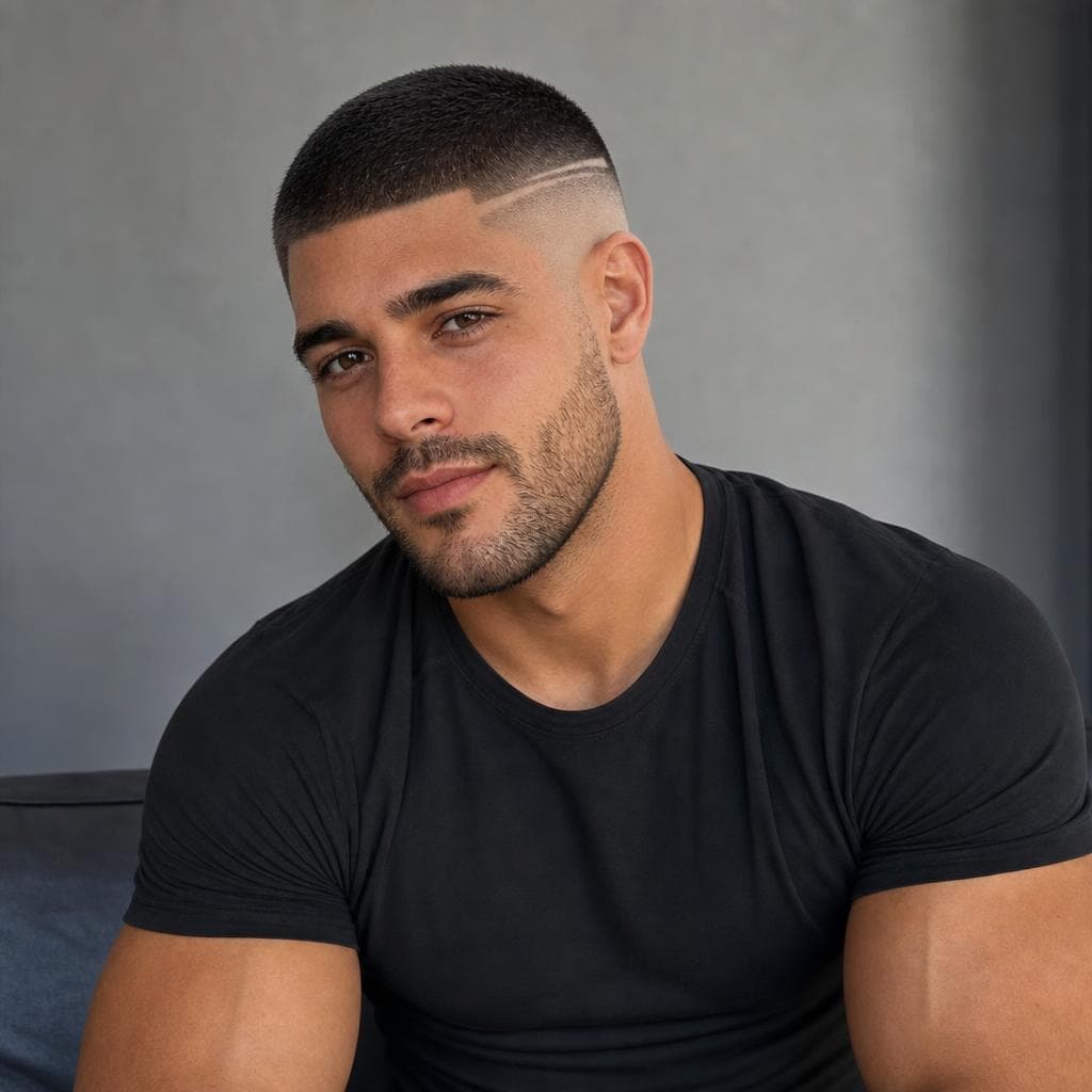 Corte buzz con barba bien definida para cara redonda