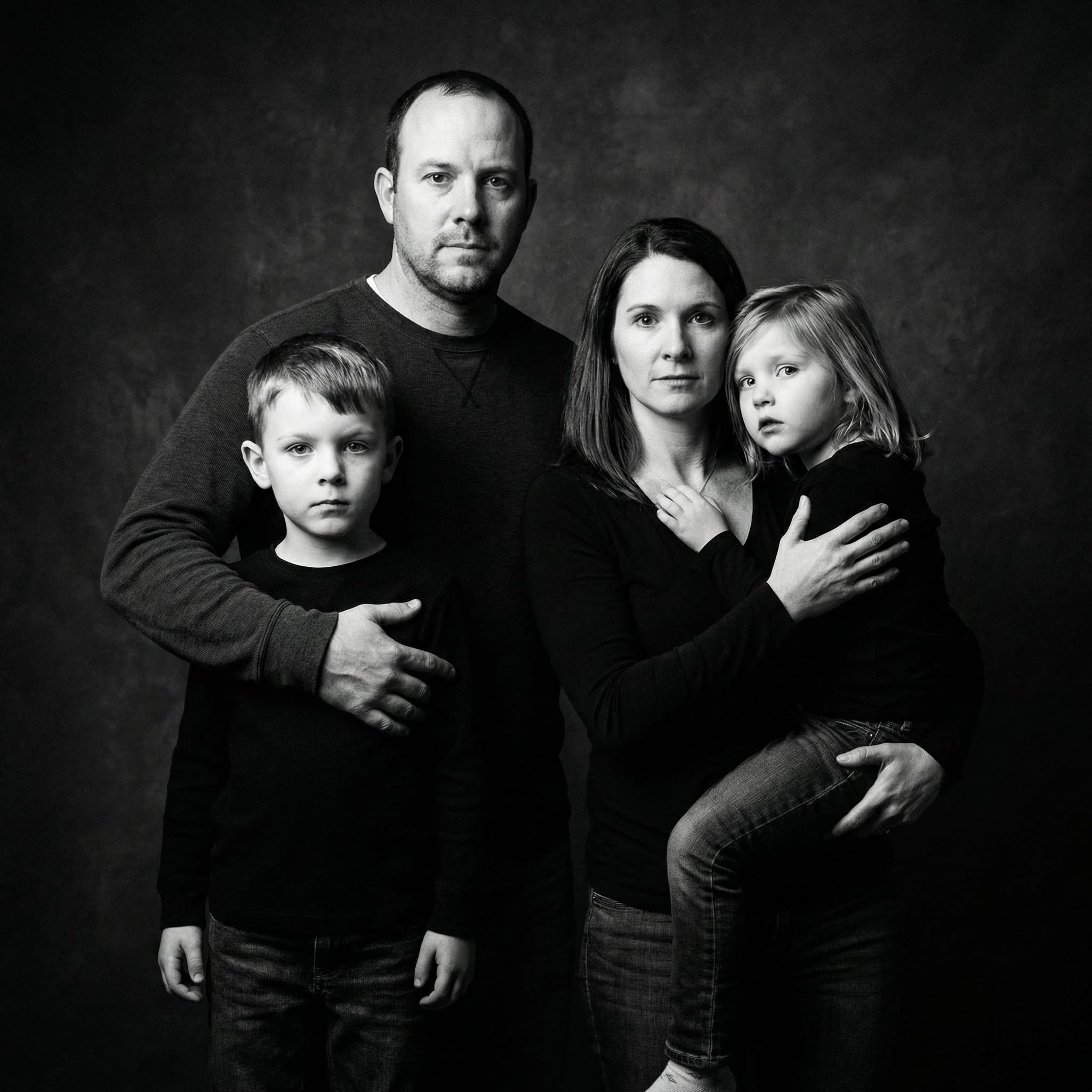 AI-generated black and white dramatic family portrait