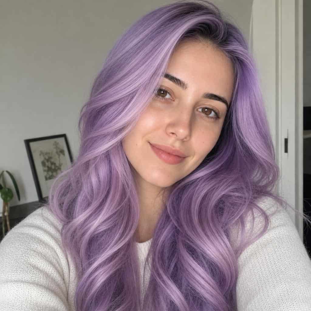 Imagen de cabello plateado con matices lilas
