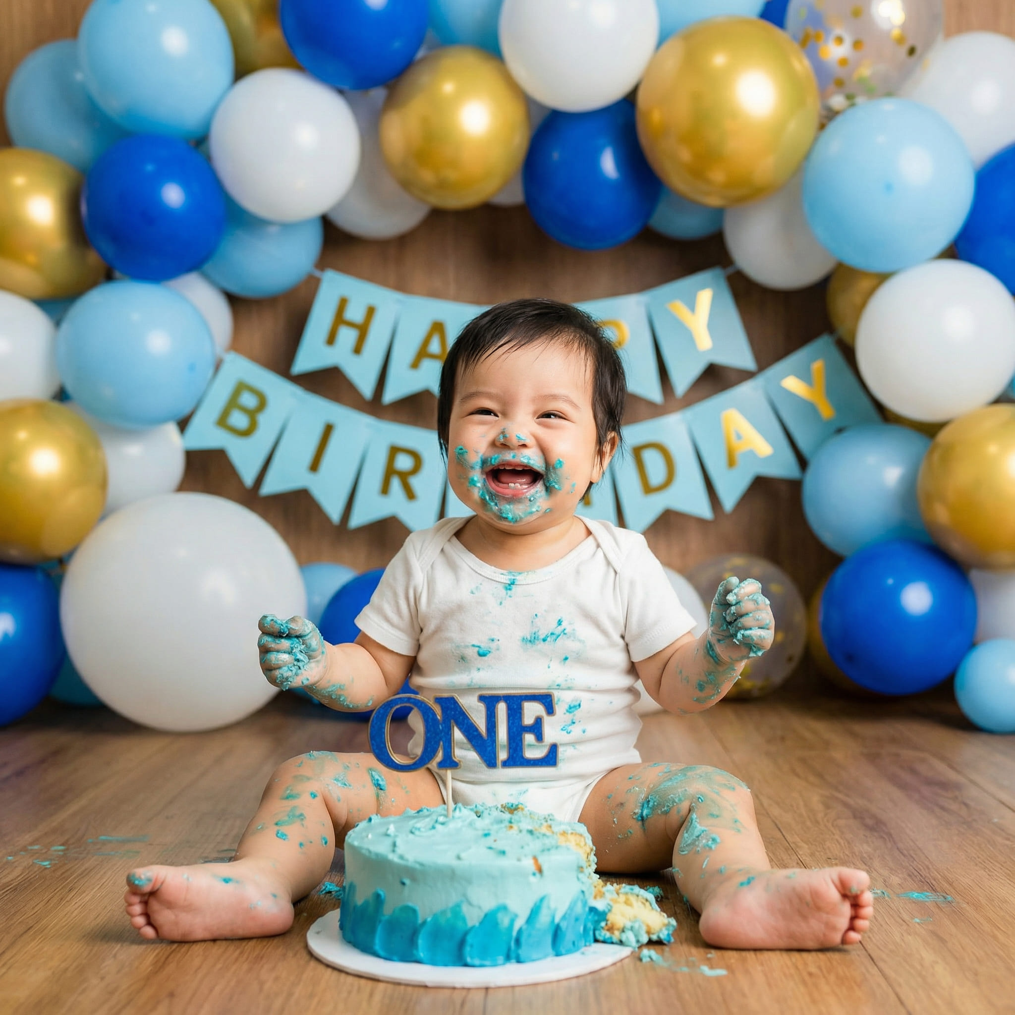 Joyful first birthday cake smash messy photo