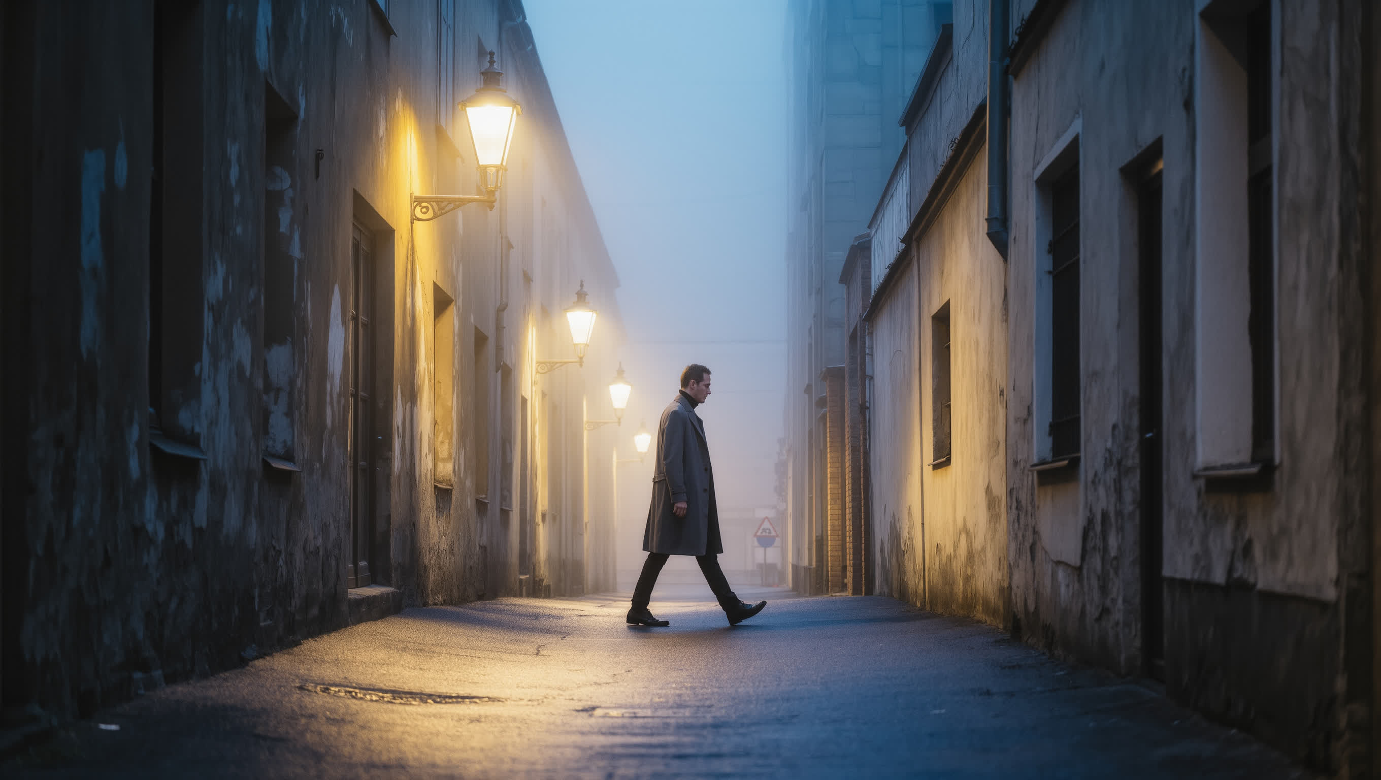 Escena cinematográfica con luz volumétrica en callejón neblinoso estilo Blade Runner generada con Kling O3