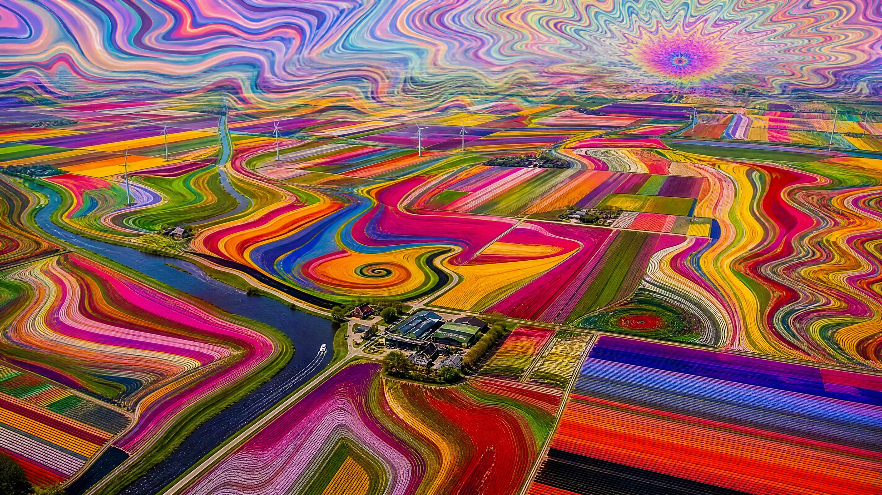 Imagen de un campo de tulipanes psicodélico generada a partir de texto con MyEdit