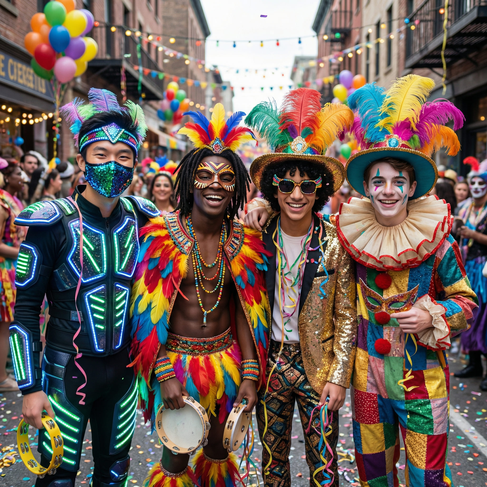 Groupe d’adolescents en costumes de carnaval modernes générés par IA