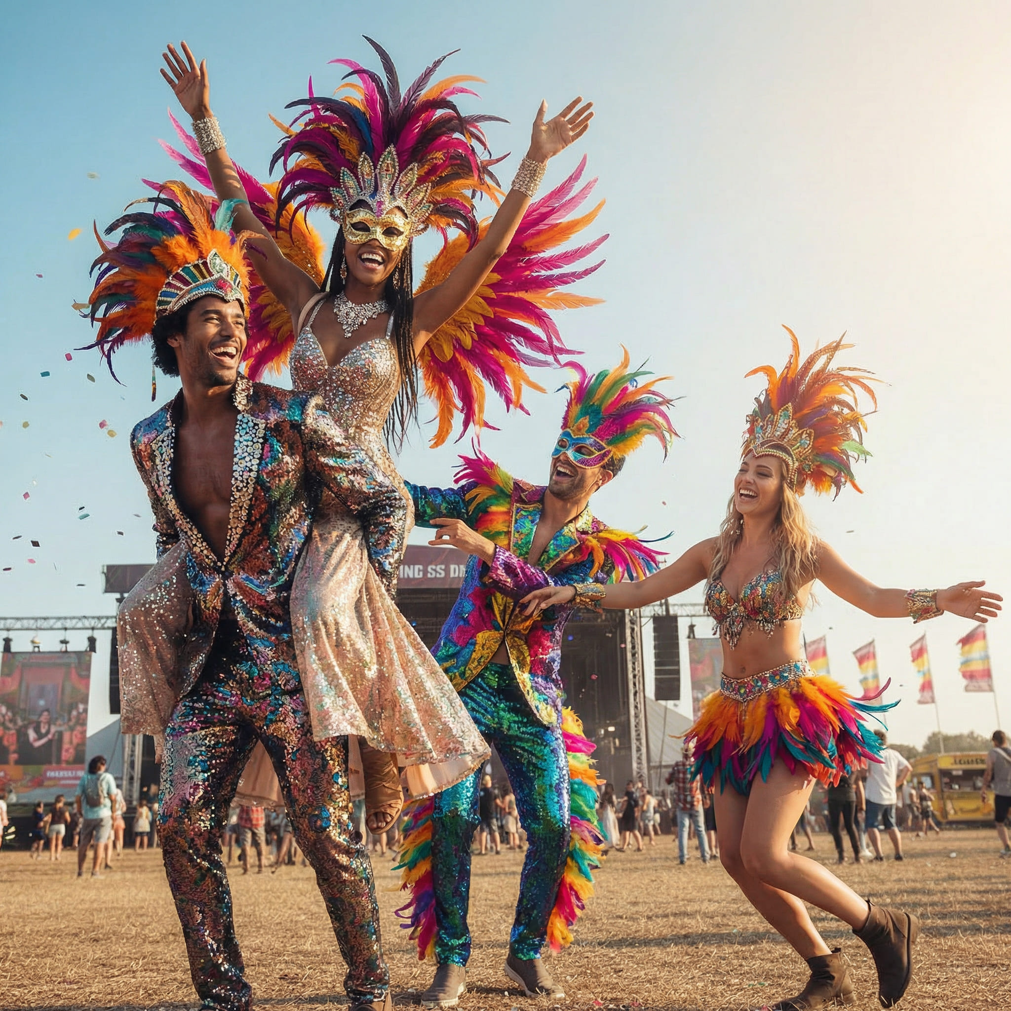 Groupe d’amis avec déguisements extravagants et masques générés par IA