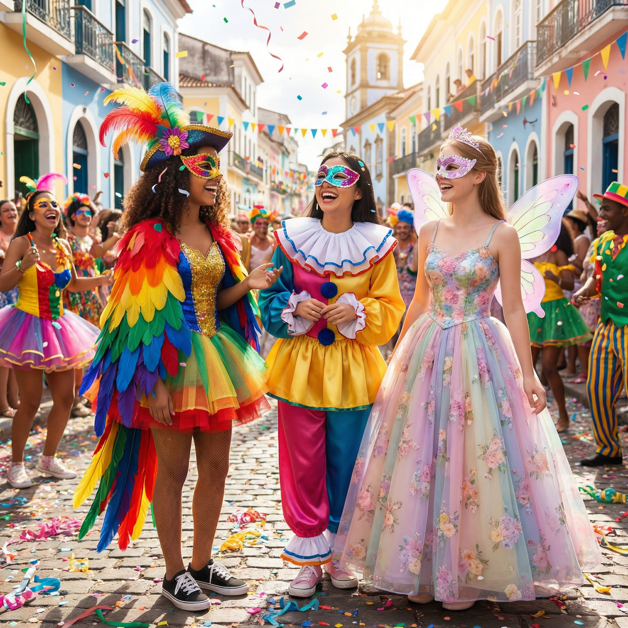 Groupe d’amis en déguisements de carnaval générés par IA
