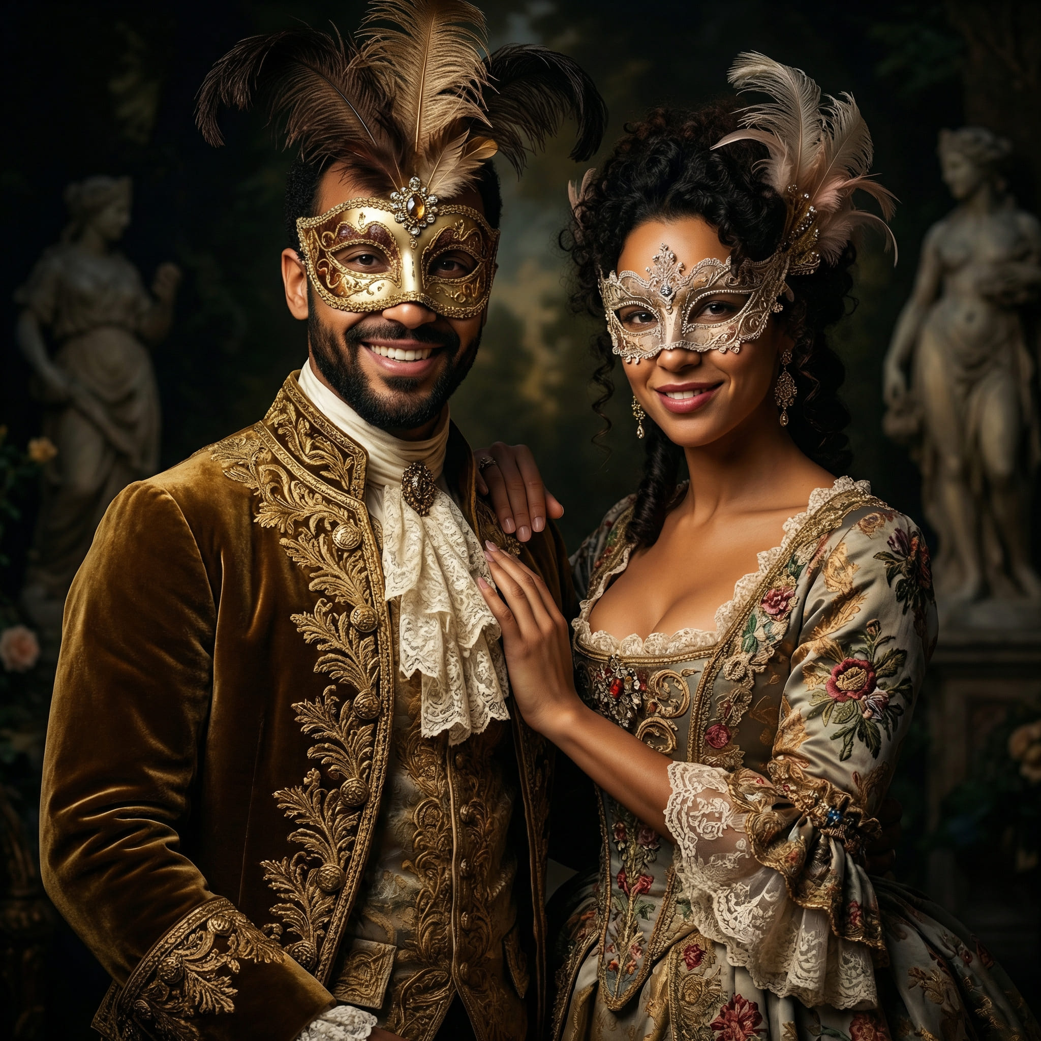 Couple avec masques et costumes baroques de carnaval générés par IA
