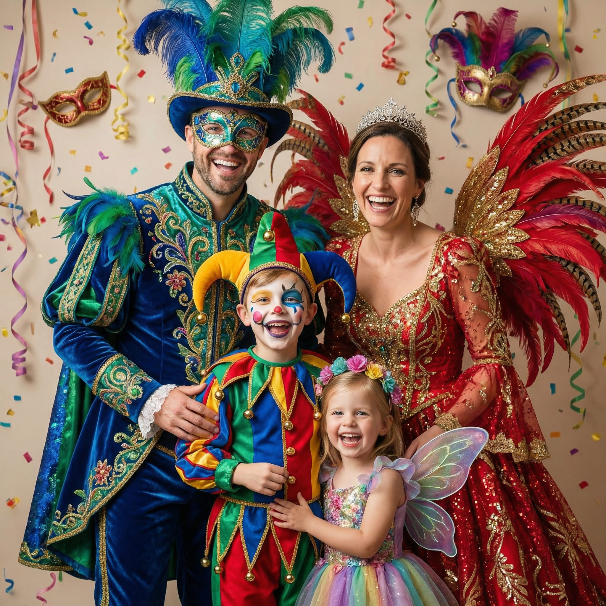 Famille en costumes de carnaval coordonnés générés par IA