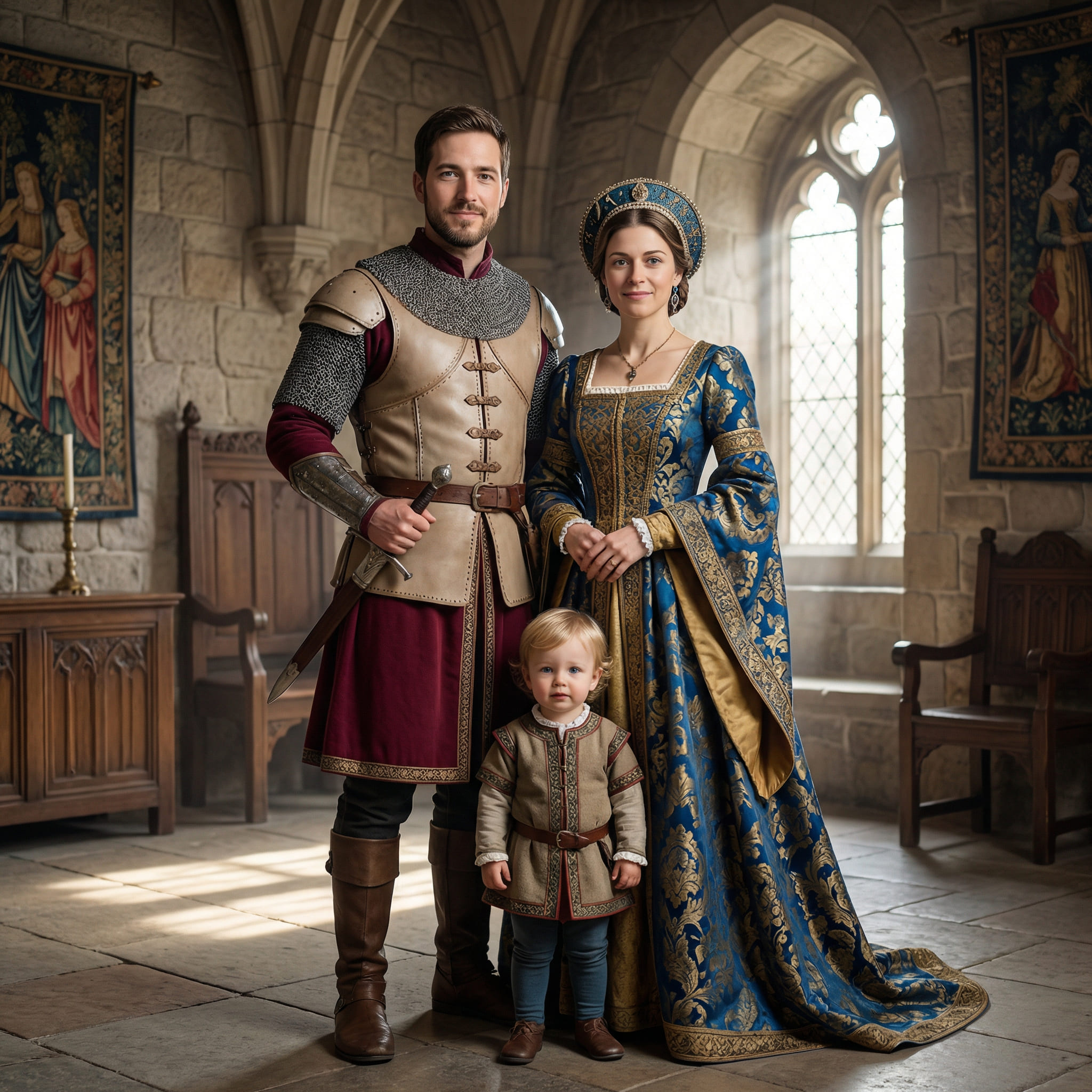 Famille en costumes médiévaux de carnaval générés par IA