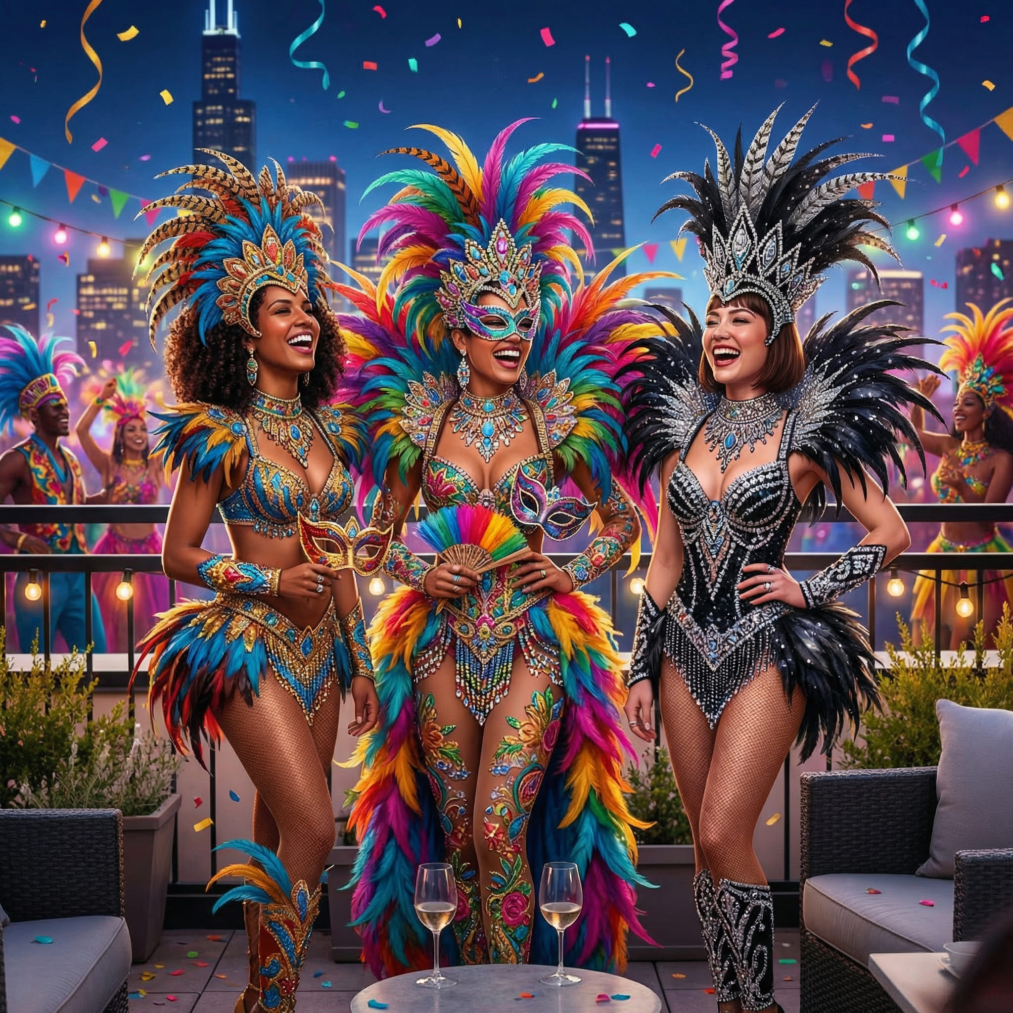 Groupe en costumes extravagants de carnaval générés par IA