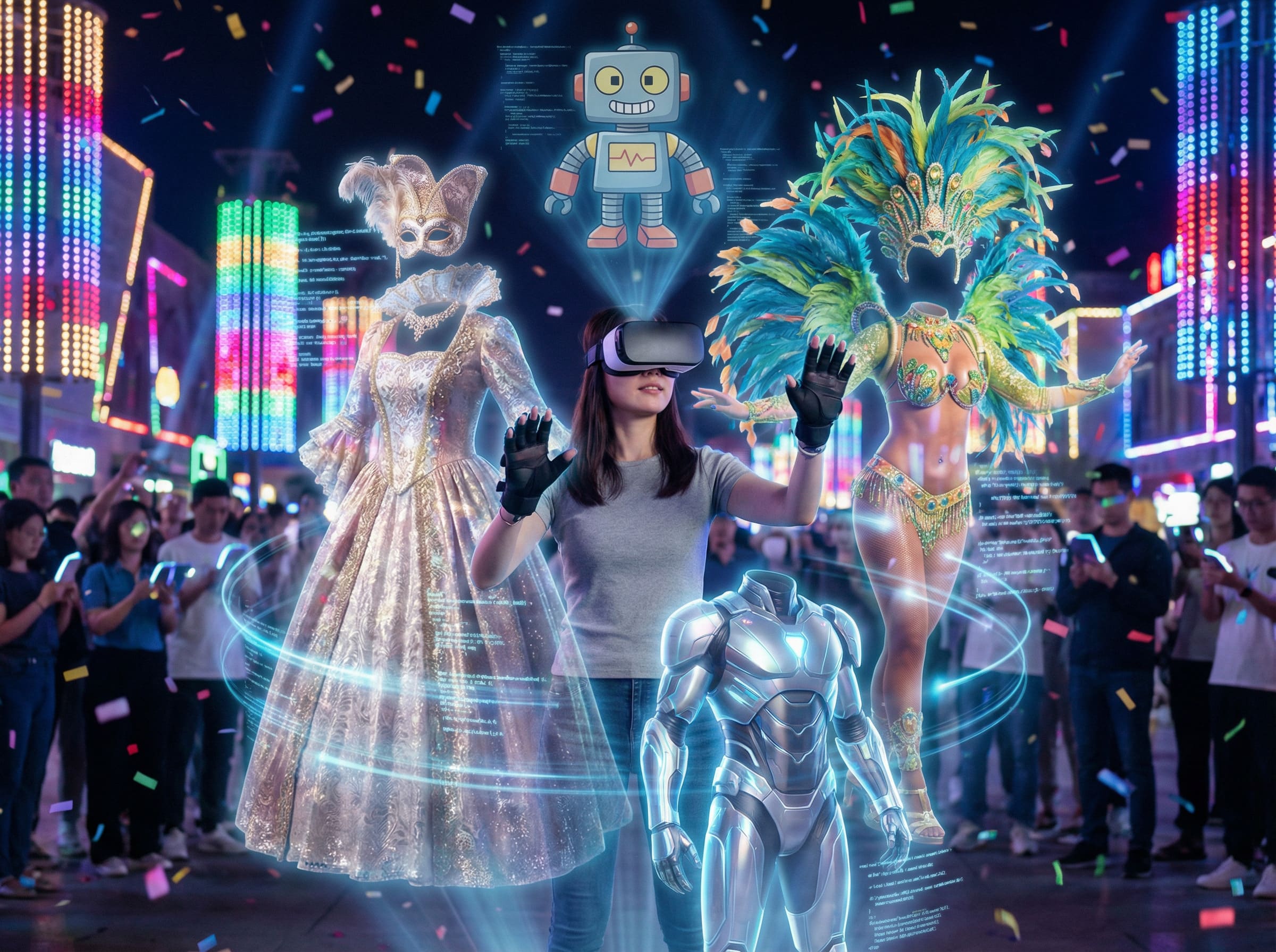 Exemple d'image de carnaval générée par IA à partir d'un prompt détaillé montrant un personnage en costume coloré avec accessoires et plumes