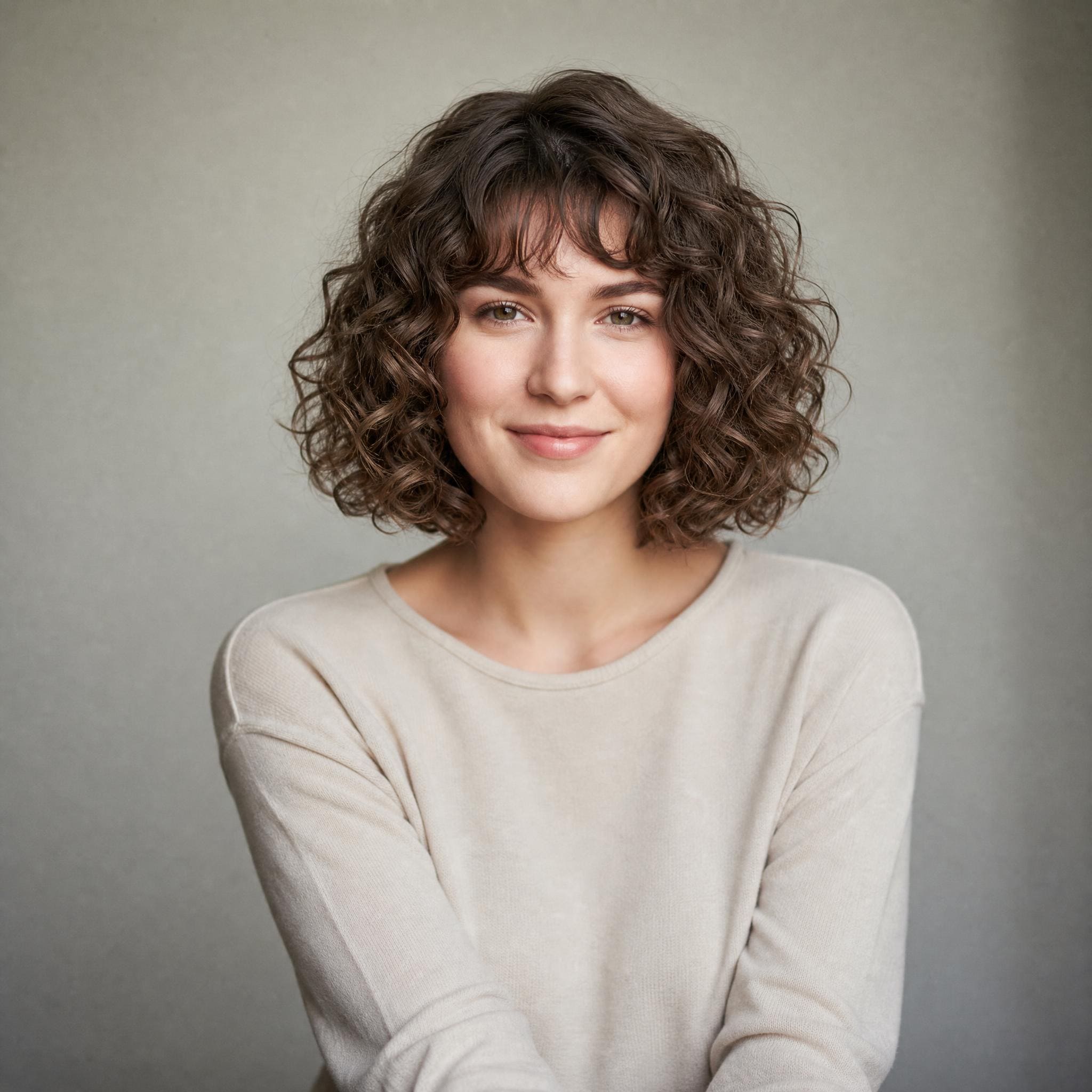 Carré bouclé avec frange généré avec MyEdit, coiffure rétro avec volume et mouvement
