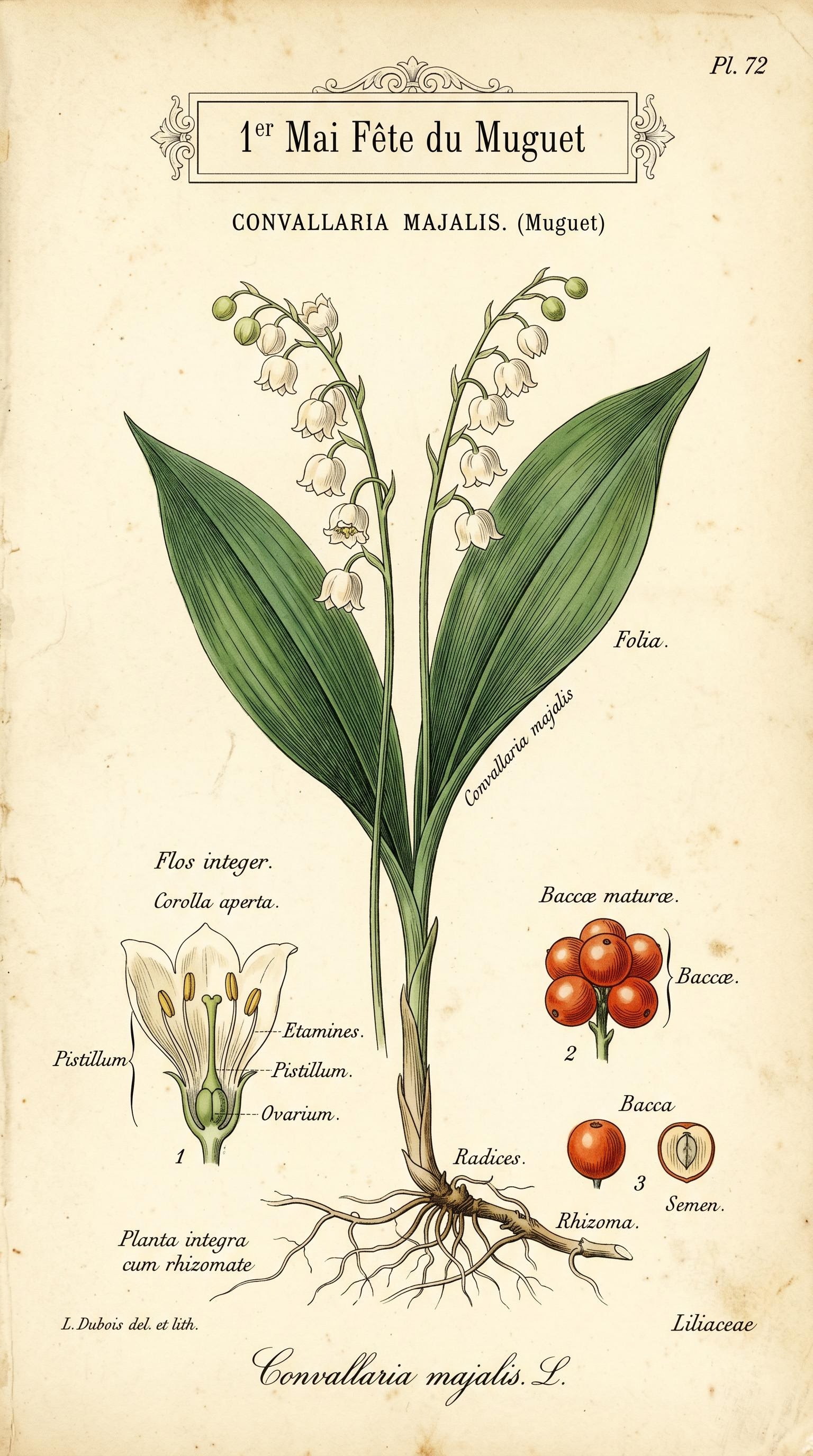 Carte botanique vintage du muguet pour le 1er mai, générée par IA