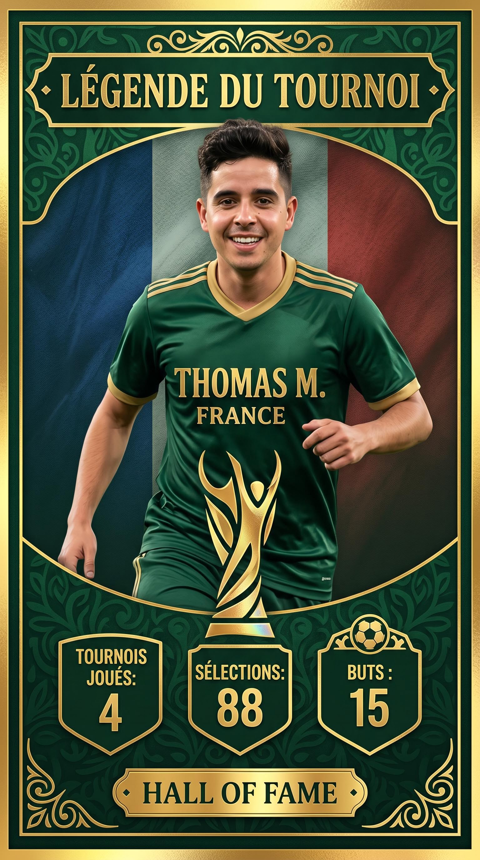 Carte de foot Coupe du Monde légende du tournoi hall of fame, générée par IA