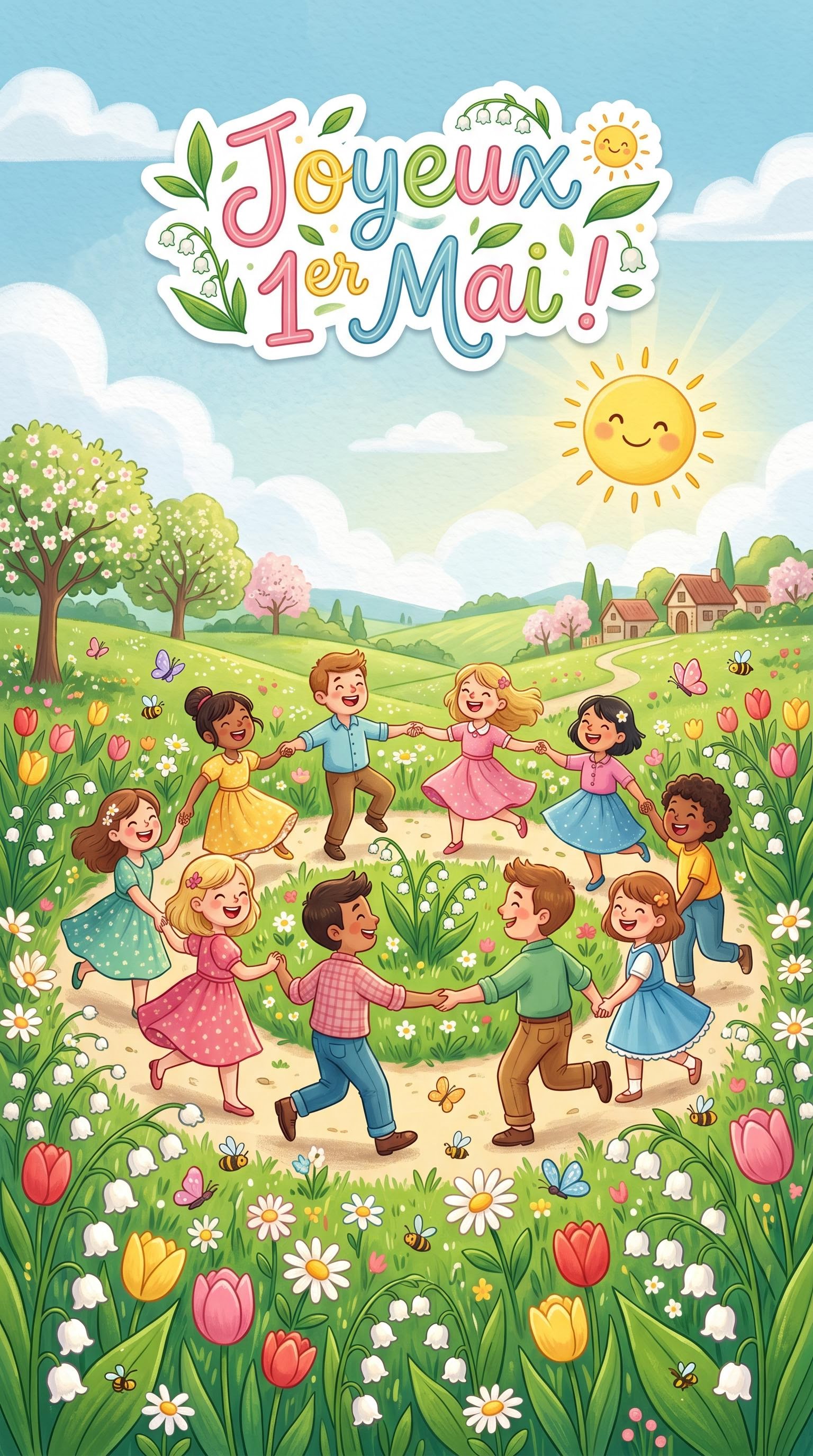 Carte festive colorée pour enfants pour le 1er mai, générée par IA