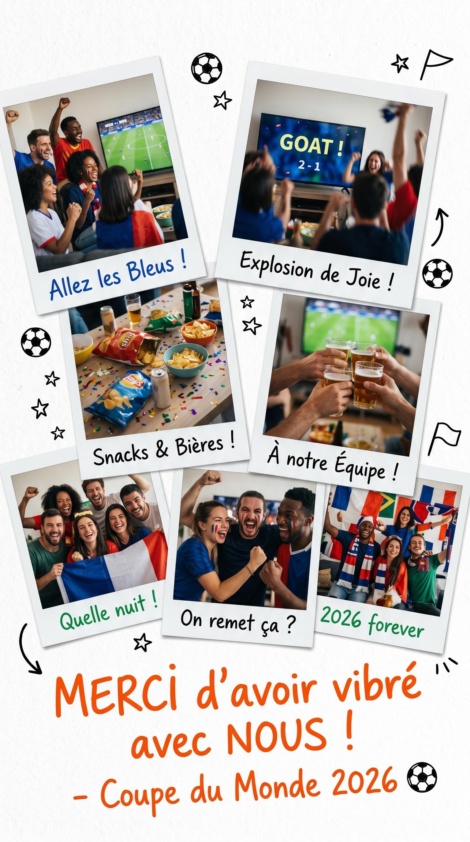Carte de remerciement style polaroid après une soirée supporters coupe du monde, générée par IA
