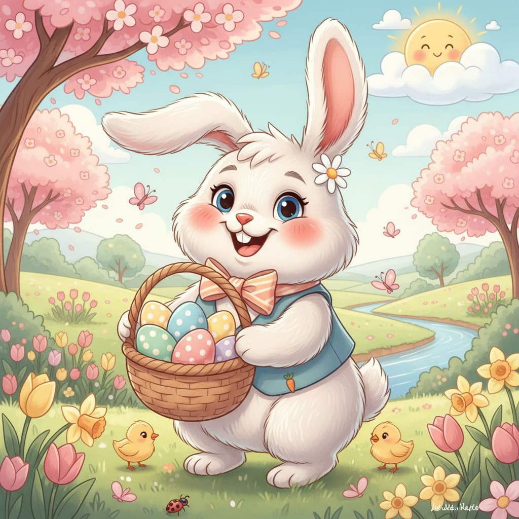 Cartoon Bunny with Basket AI Image