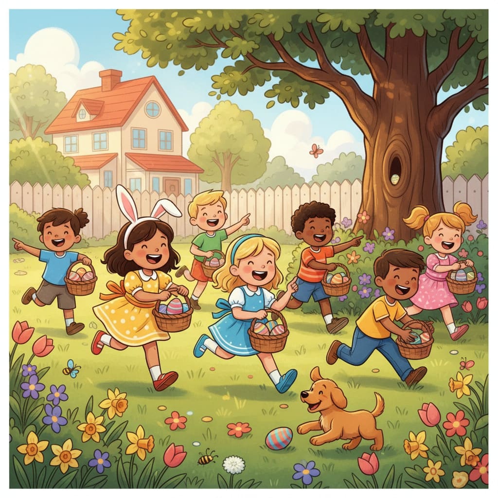 Cartoon children Easter egg hunt AI image