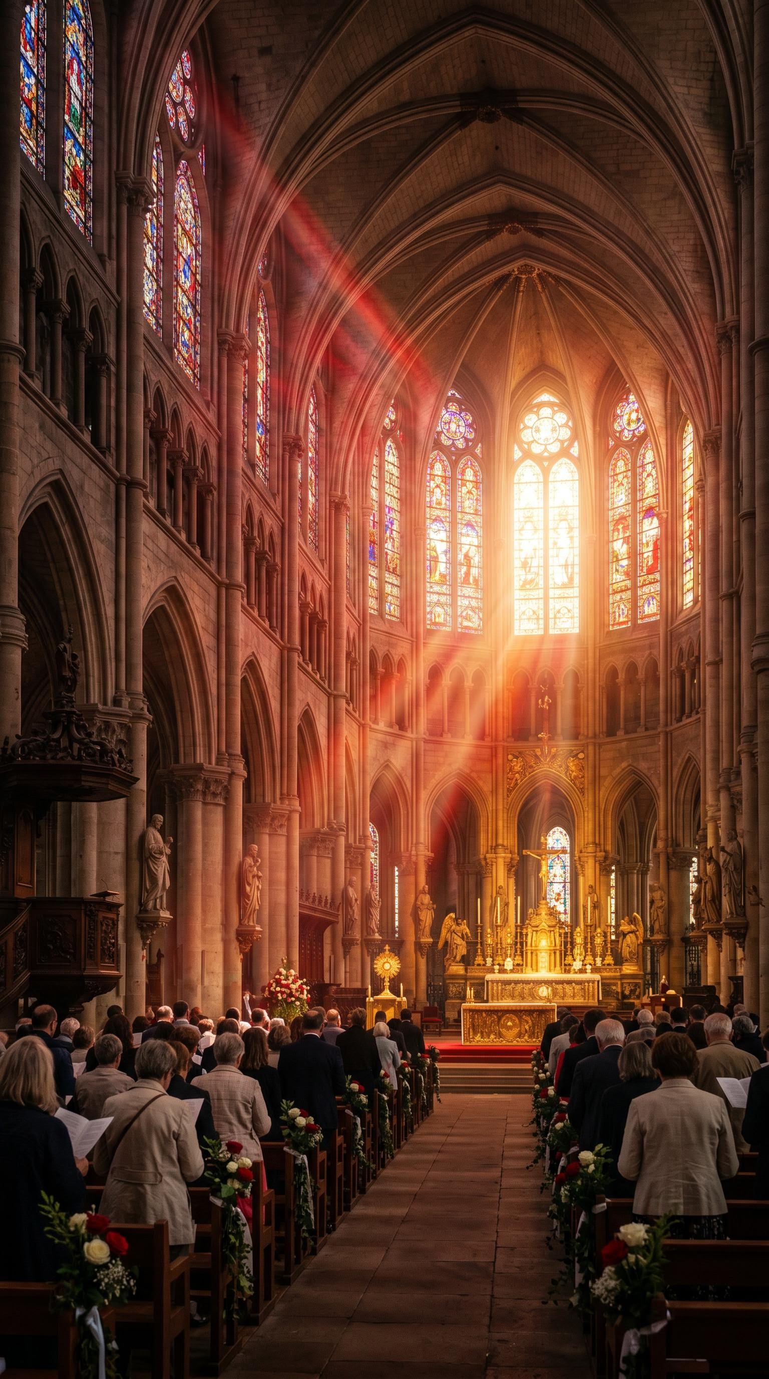 Lumière divine dans une cathédrale pour la Pentecôte, générée par IA