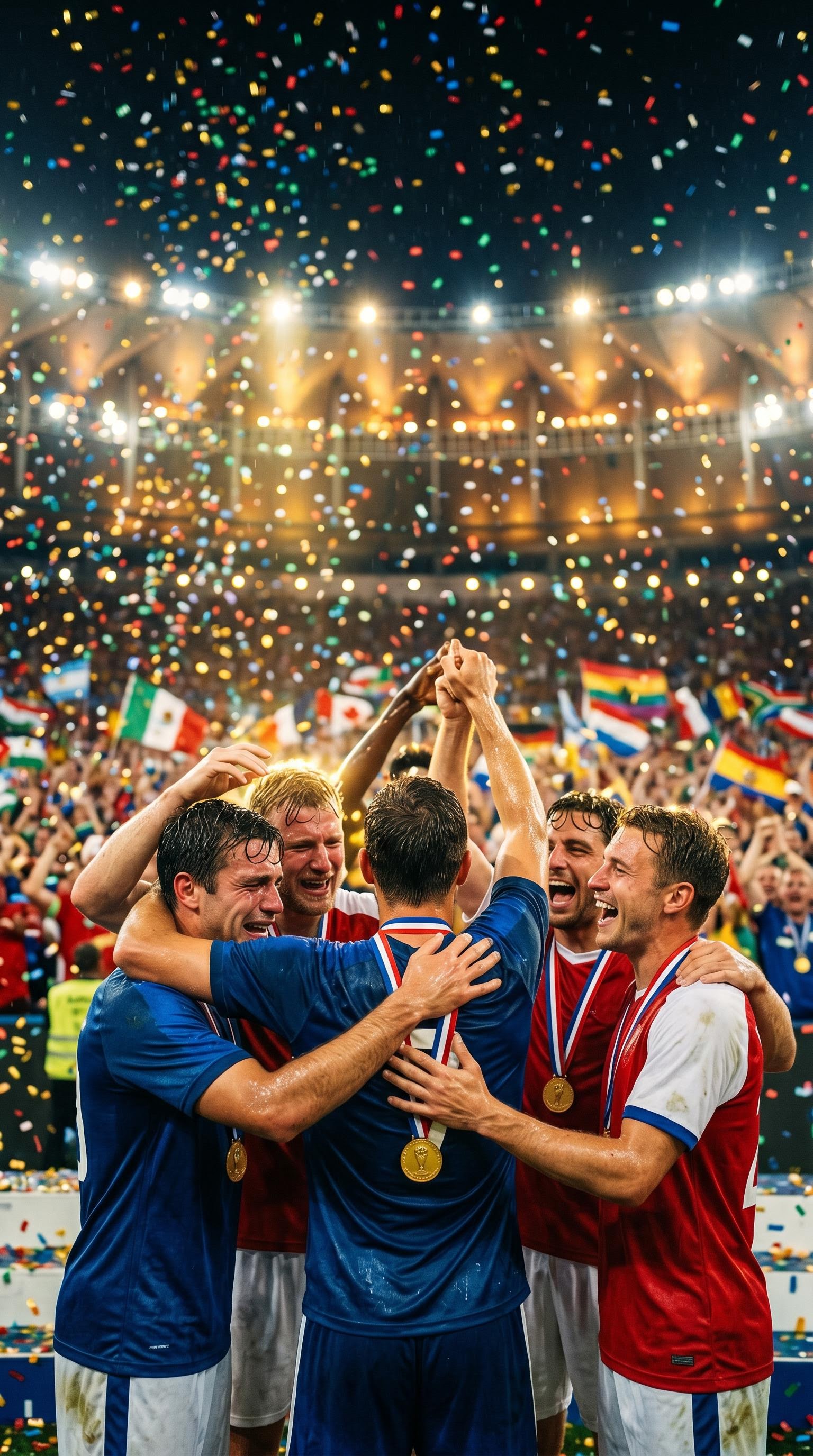 Cinematic photo of champions embracing on the podium at the World Cup final, AI-generated