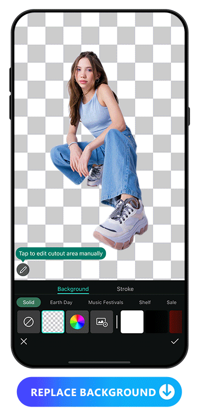demonstrate how to replace a squatting down girl image's photo background with PhotoDirector with UI