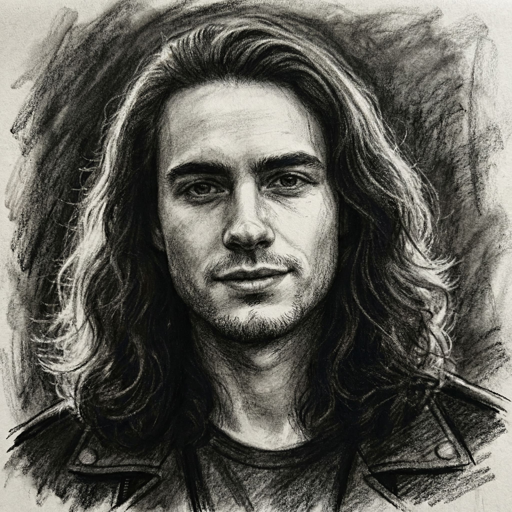 Portrait transformed into dramatic charcoal drawing