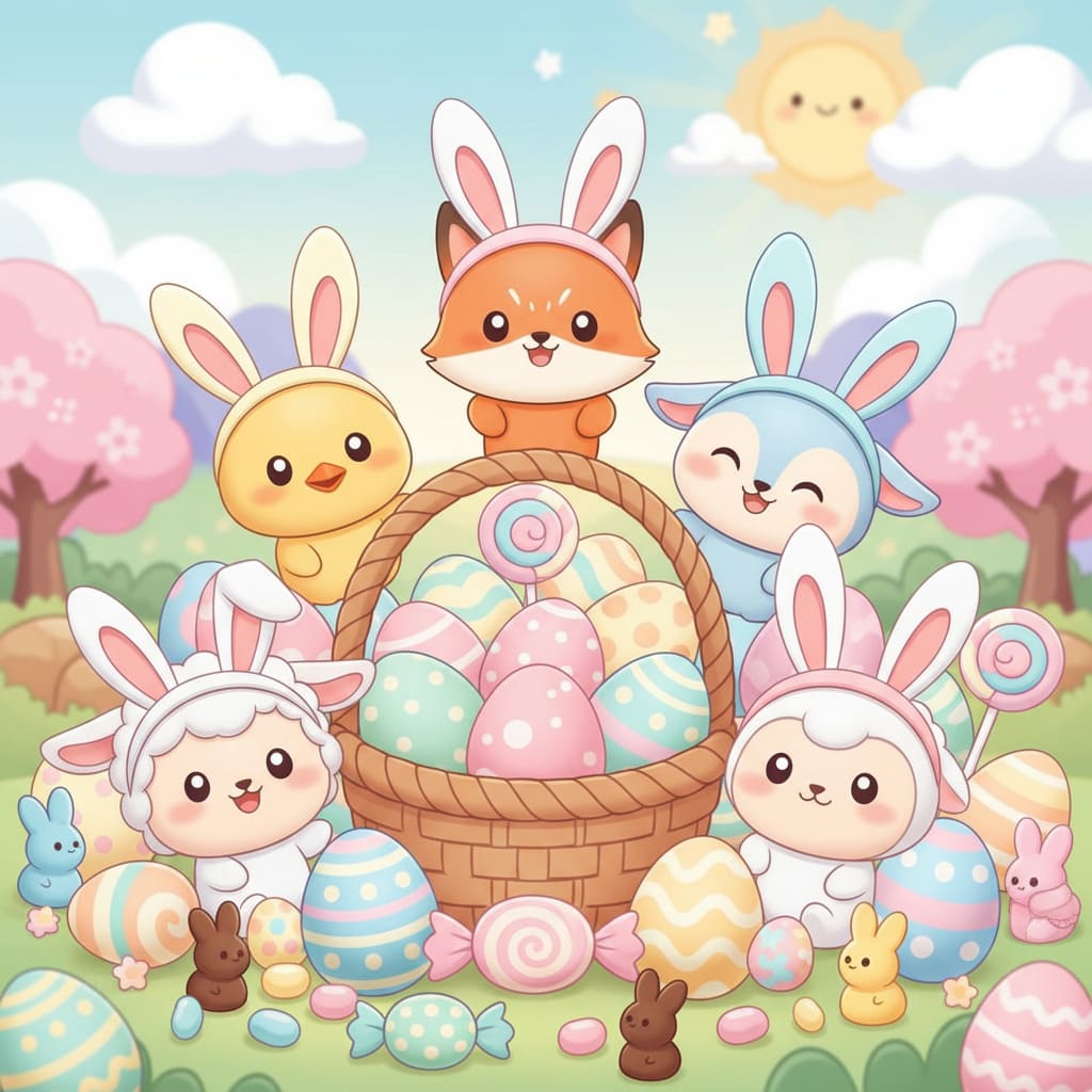 Chibi-style Easter characters AI image