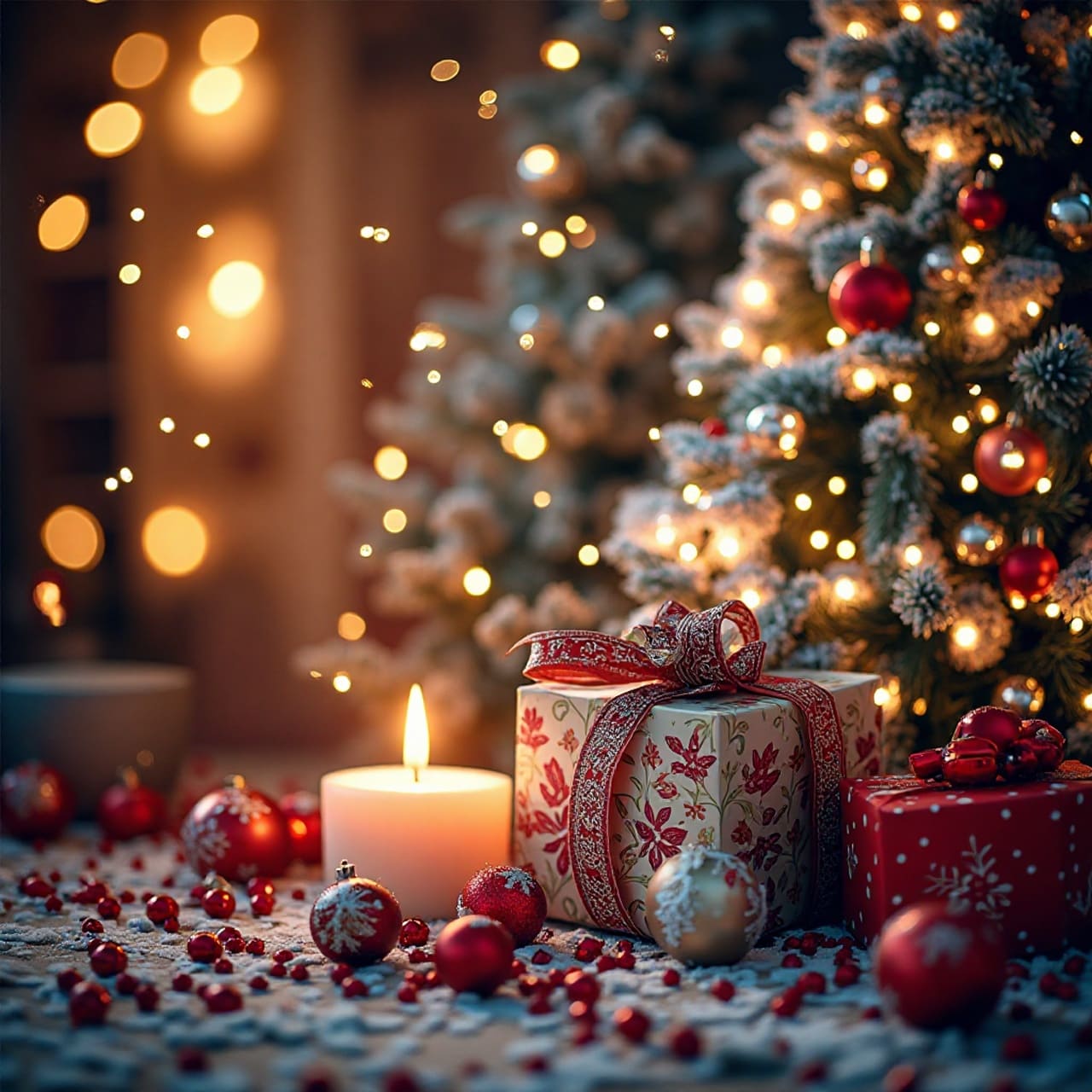 Christmas advertisement banner with festive visuals and decorations