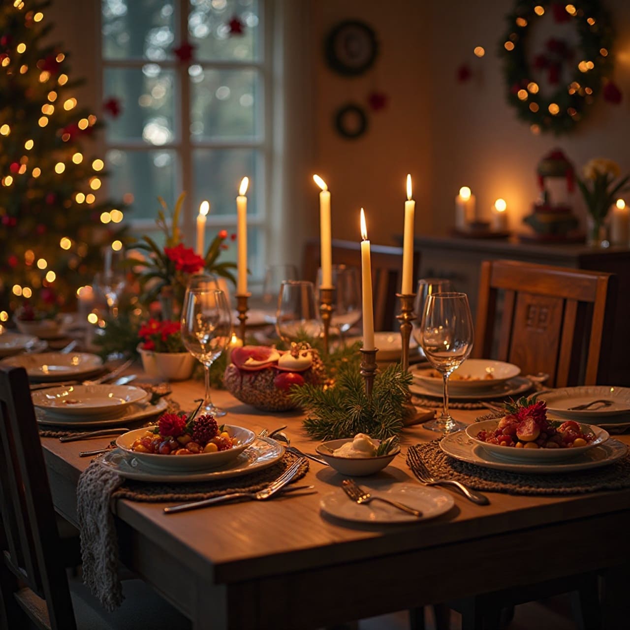 Christmas dinner table with food, candles, and festive decorations