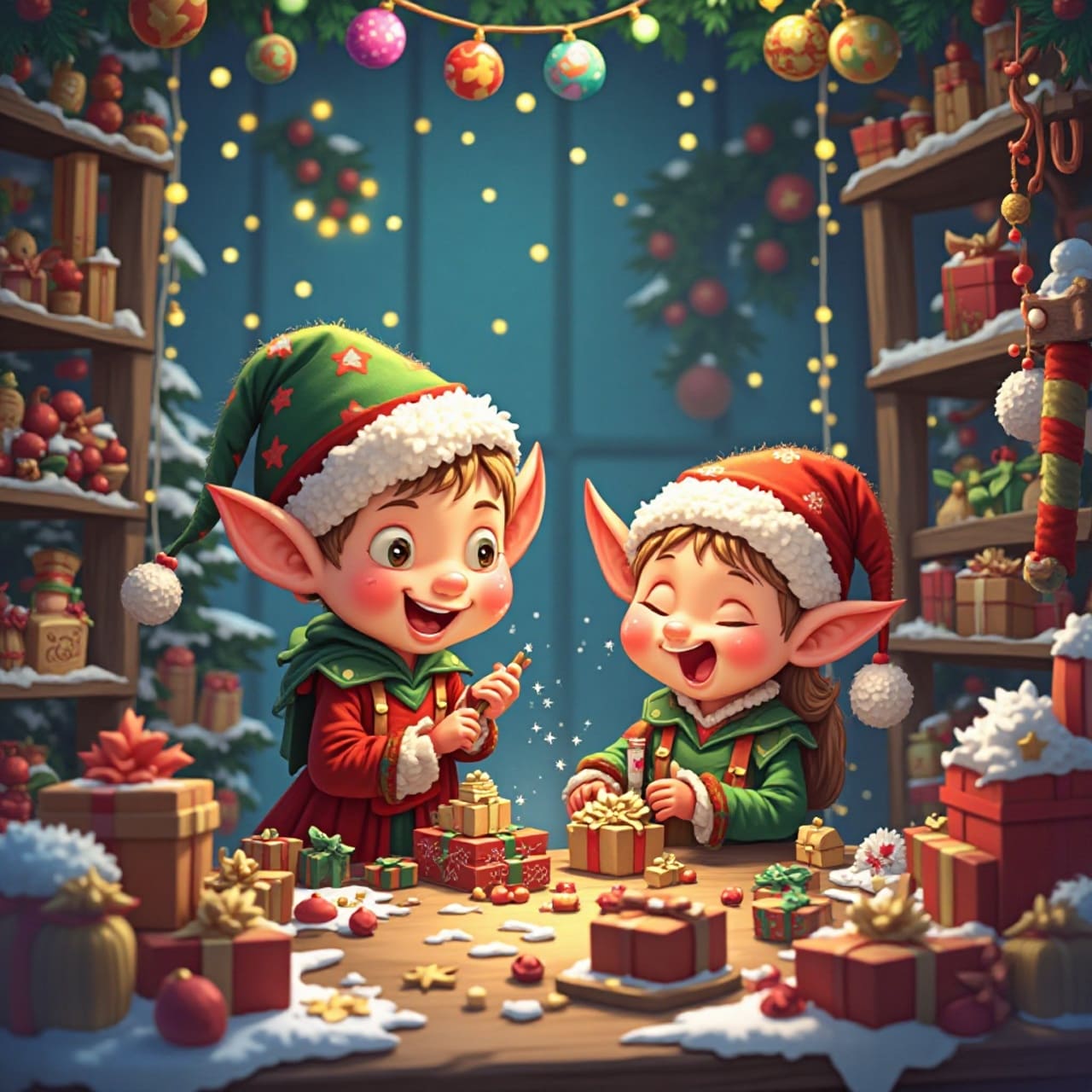 Elfes de Noël travaillant dans l'atelier du Père Noël