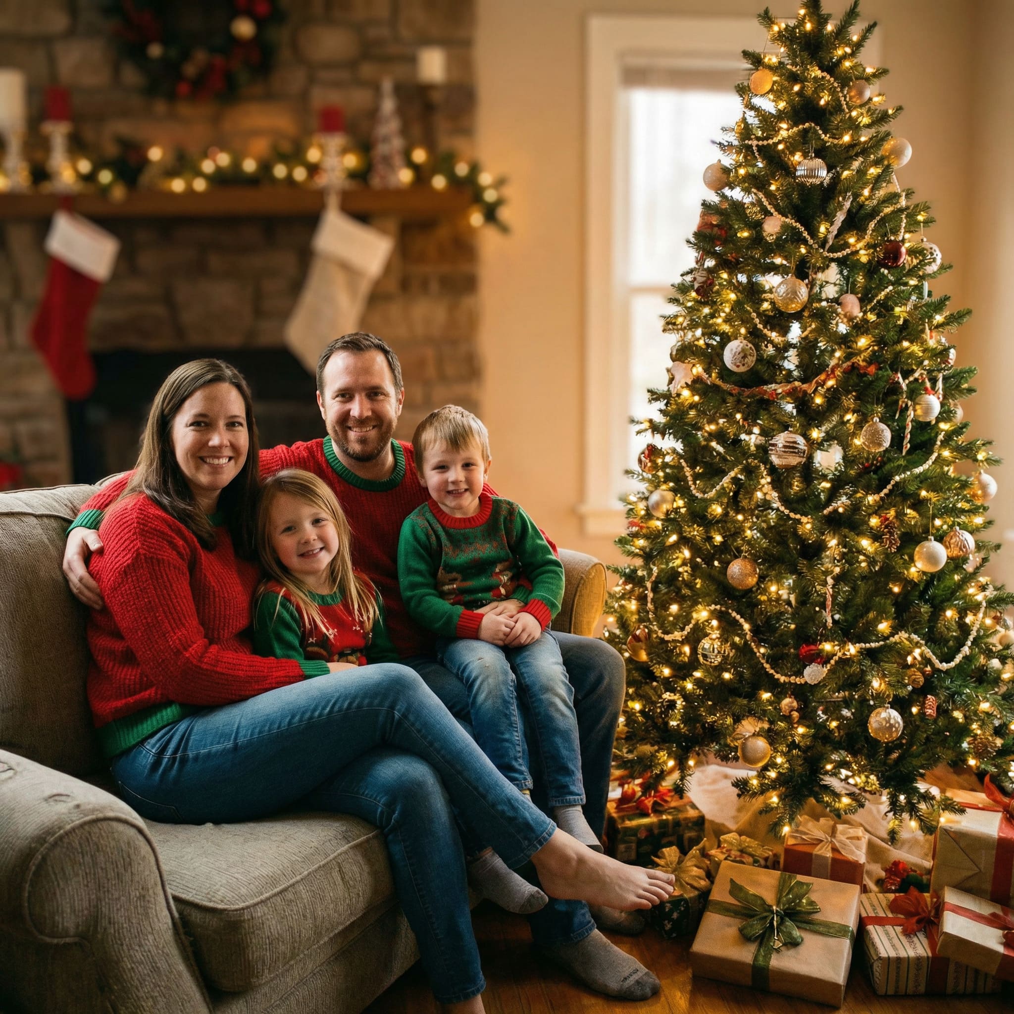 AI-generated family portrait by a Christmas tree