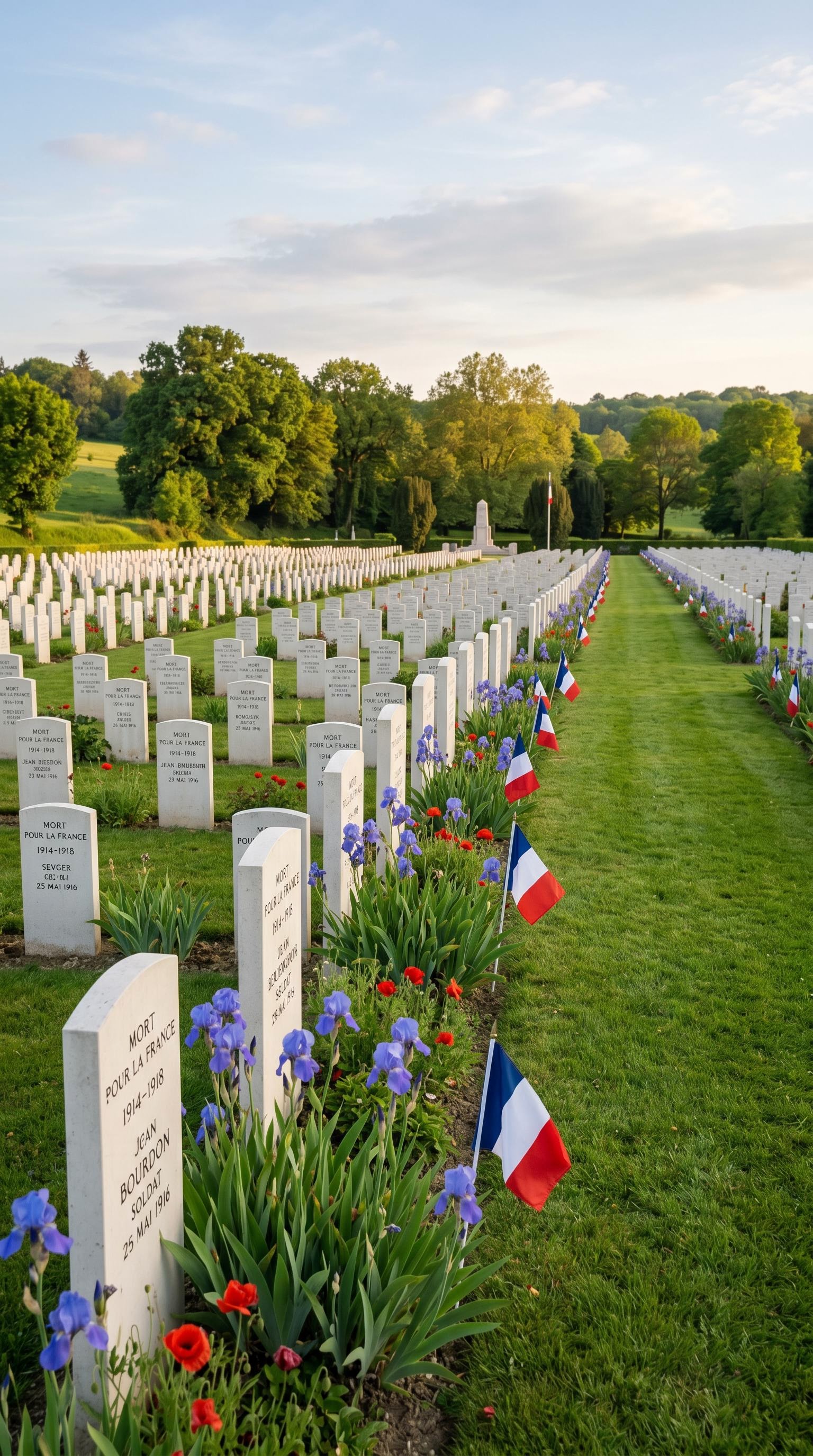 Cimetière militaire au printemps pour le 8 mai, généré par IA