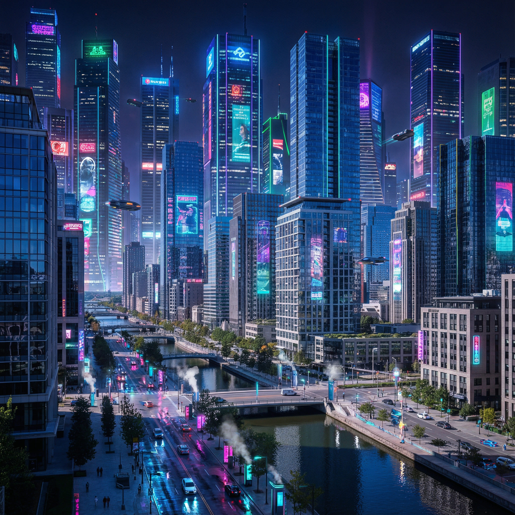 Expanded City Skyline with Neon Signs