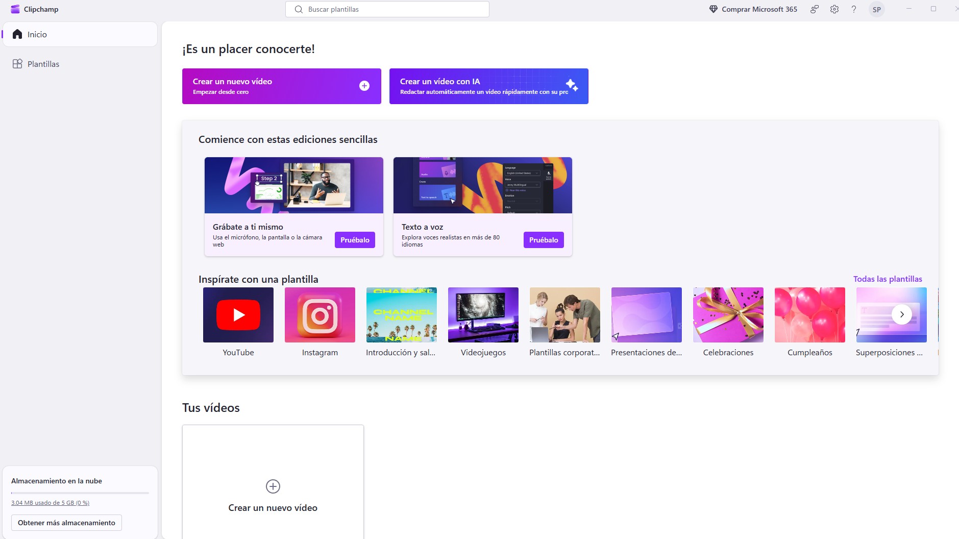 Página de bienvenida de Clipchamp