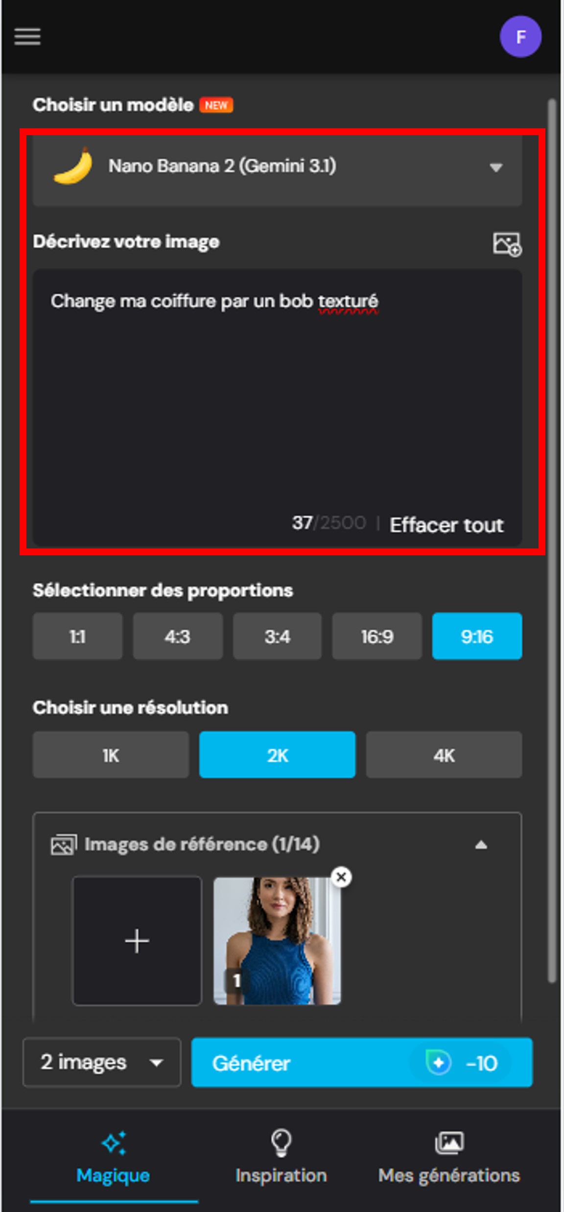 MyEdit - Générateur d'image IA étape 3 : choisir un modèle et saisir le prompt de coiffure