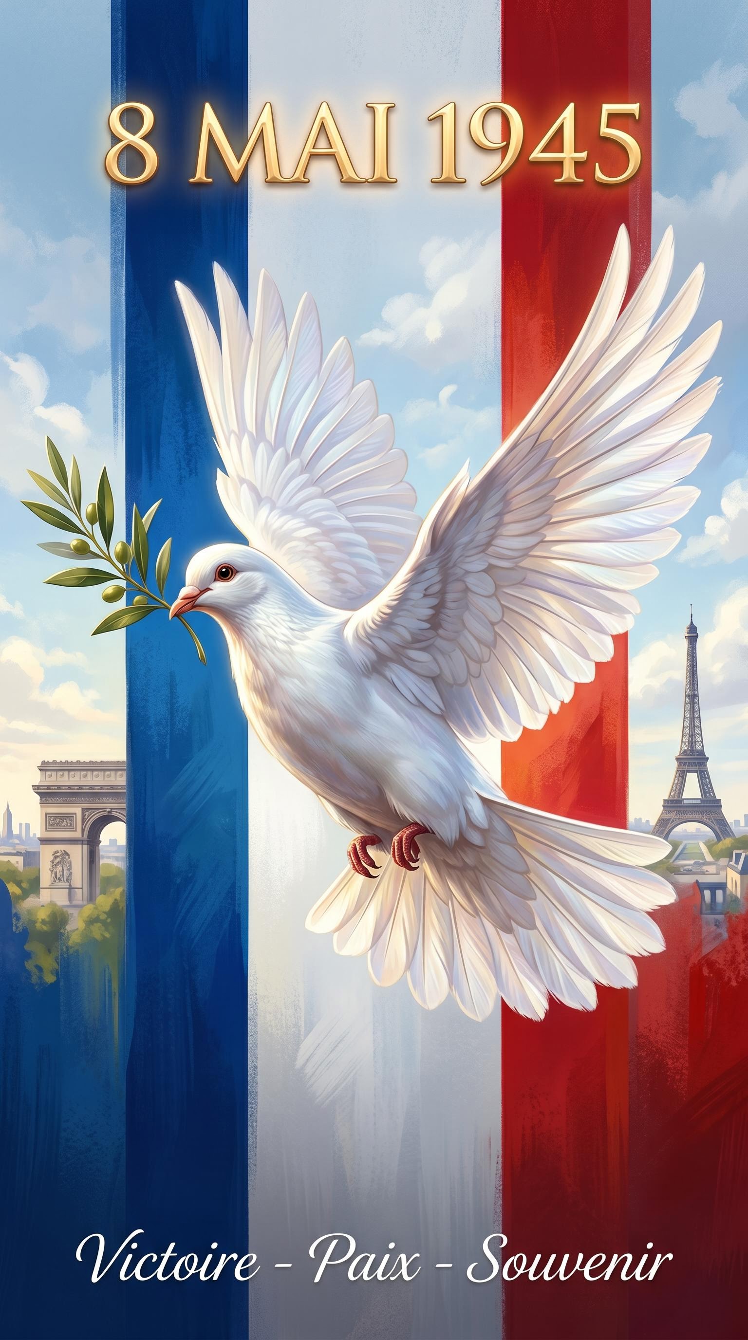 Colombe de la paix sur fond tricolore pour le 8 mai, générée par IA