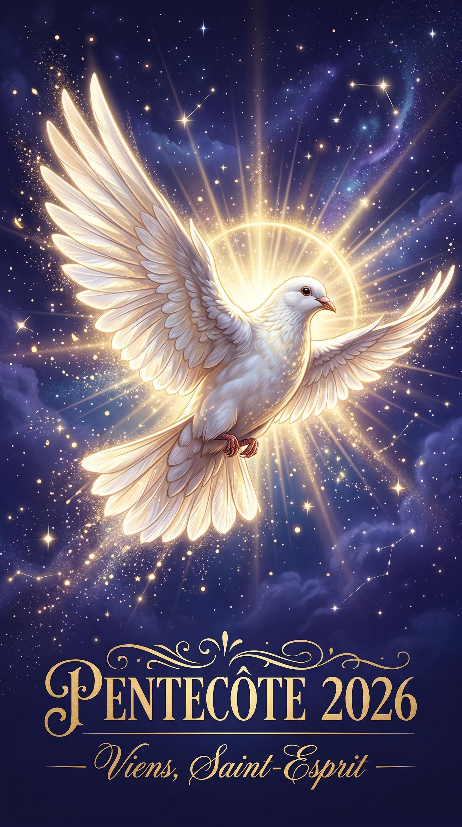 Colombe du Saint-Esprit dans un halo de lumière pour la Pentecôte, générée par IA