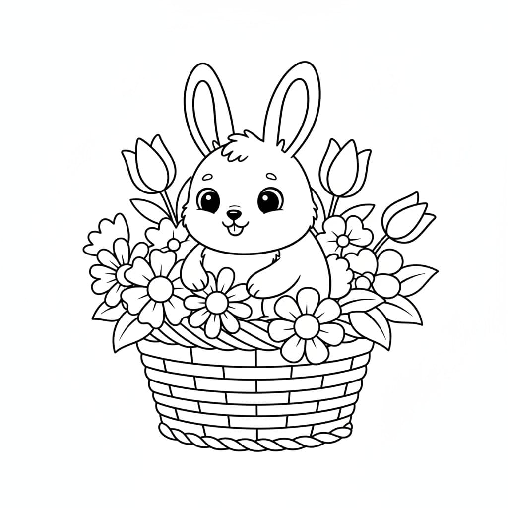 Bunny in basket with flowers line art AI image