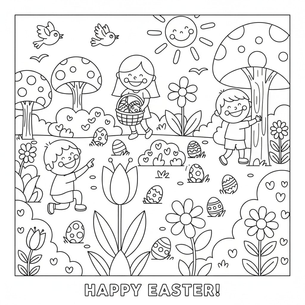 Children Easter egg hunt line art AI image