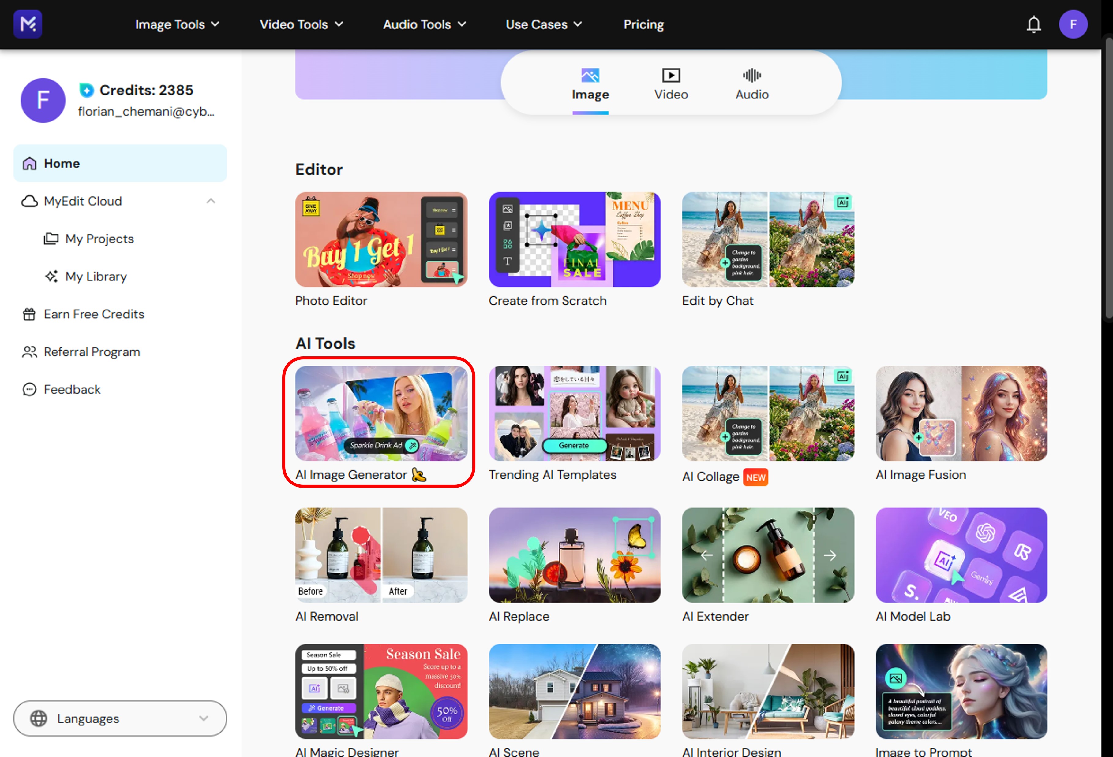 Opening MyEdit AI Image Generator in a browser to start creating a coloring page from a photo