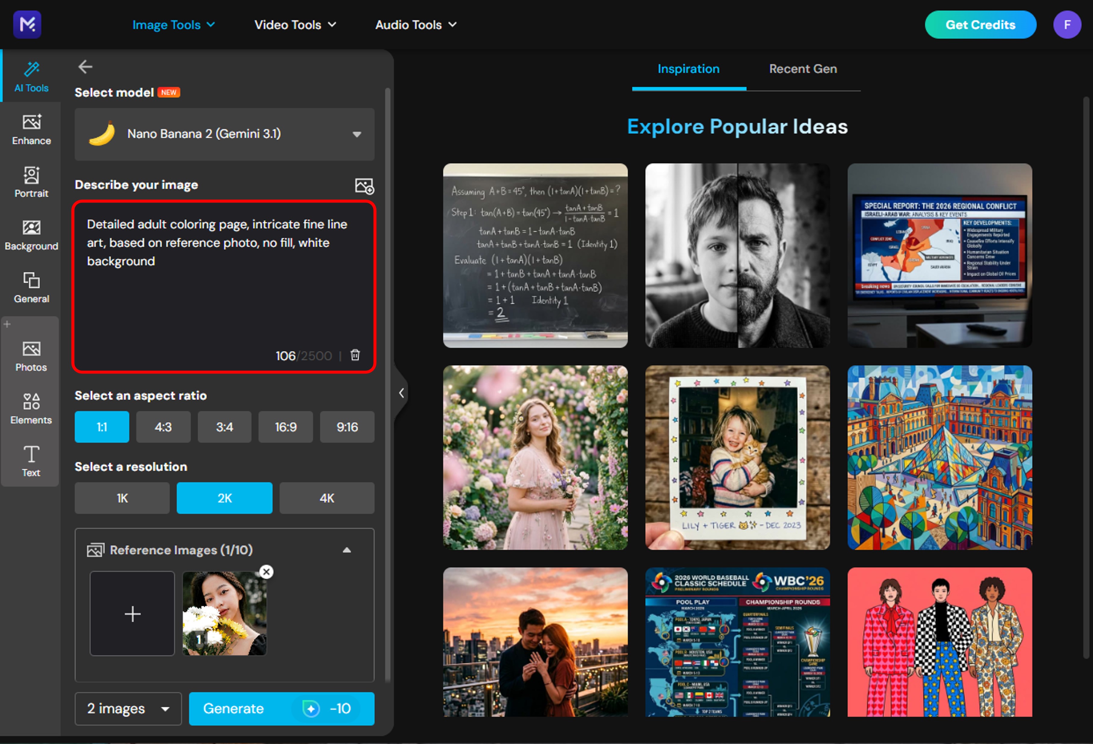 Entering a text prompt in MyEdit to describe the coloring page style and content
