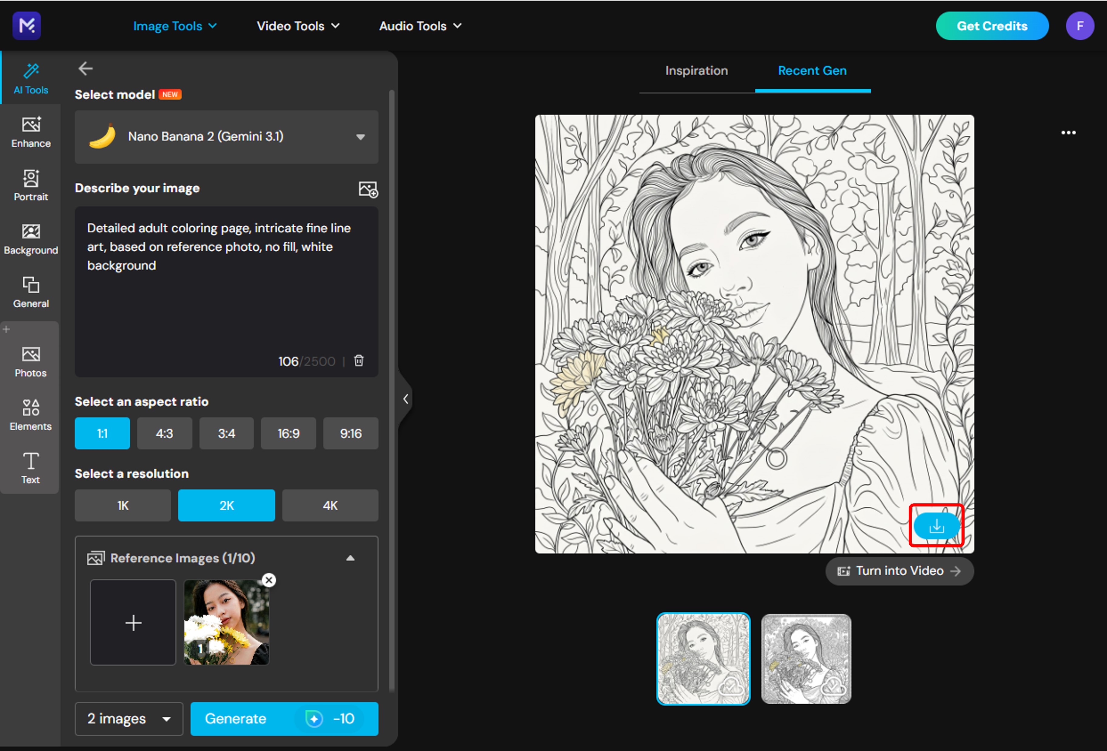 Generated coloring page result in MyEdit ready to download and print